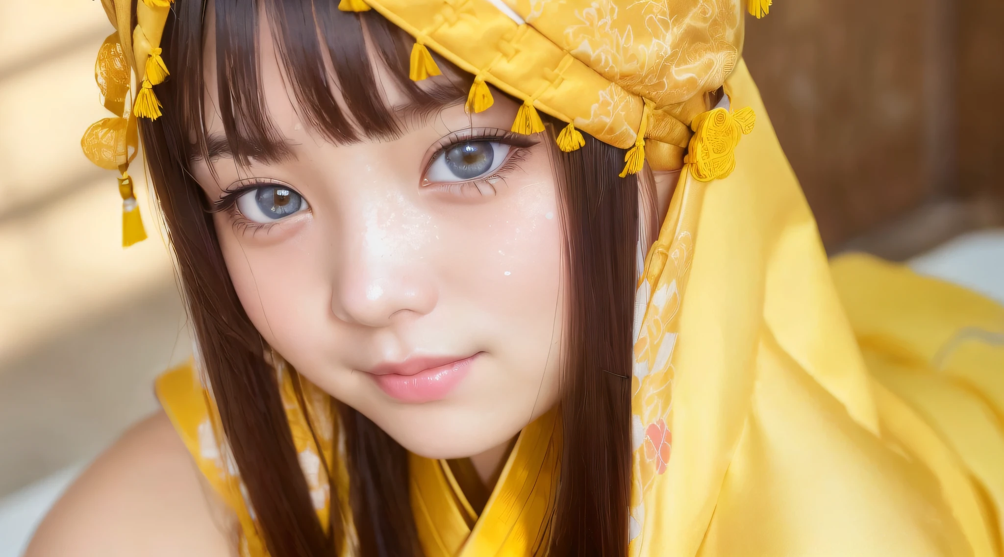 (ultra high res, photorealistic, realistic, best quality, photo-realistic), (highly detailed skin, visible pores), (real person, photography), (((yellow hanfu, chinese style)))), realistic, YELLOW background, upper body, (8k, raw photo, best quality, masterpiece), (1 girl RUSSIAN REDHEAD PORTRAIT ), photon mapping, radiosity, physics-based rendering, automatic white balance, ((haunting smile, long hair)), watery eyes,  (blush|cute and playful|lovely|thin|thick bangs|beauty|twintail|hair bun,),(looking at the viewer),(irises and pupils are rounded,pupil reflects the environment,eyes are not the same size),