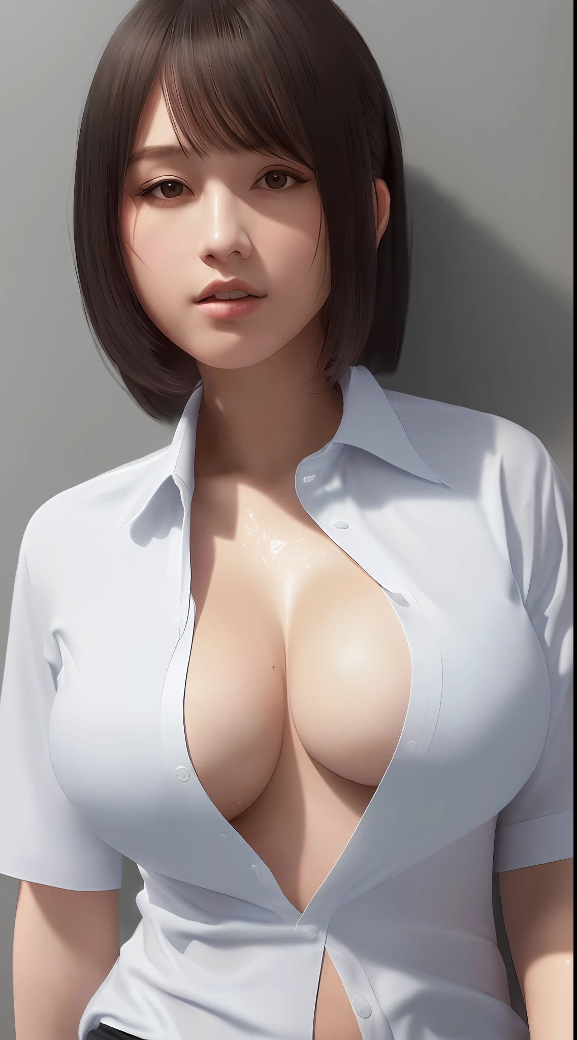 (Super Definition CG Unified 8k Wallpaper), (Masterpiece), (Best Quality), (Super Definition), (Best Illustration), (Best Shadow), Ultra High Resolution, (Photorealistic:1.4), Female, 20 years old, ((Extra large shirt, Buttoned shirt, Open shirt)), (Man shirt),White shirt No bra, Bob hair, Japan person, Close up, Wet breasts, Cleavage, Hard breasts