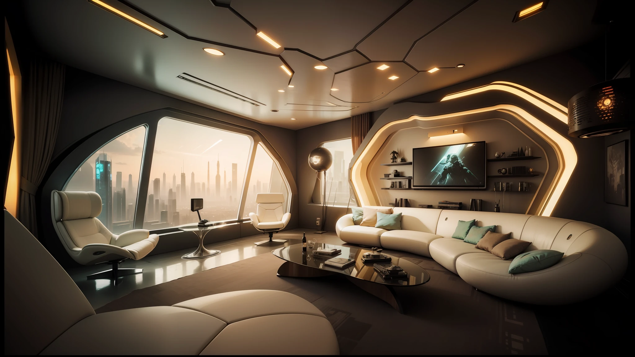 arafed living room with a large couch and a large window, futuristic looking living room, retro futuristic apartment, futuristic room, futuristic interior, futuristic room background, futuristic decor, bladerunner apartment, spaceship interior, sci - fi interior, cyberpunk apartment, sci fi engine room living room, gaming room in 2 0 4 0, scifi room, the cyberpunk apartment --auto --s2