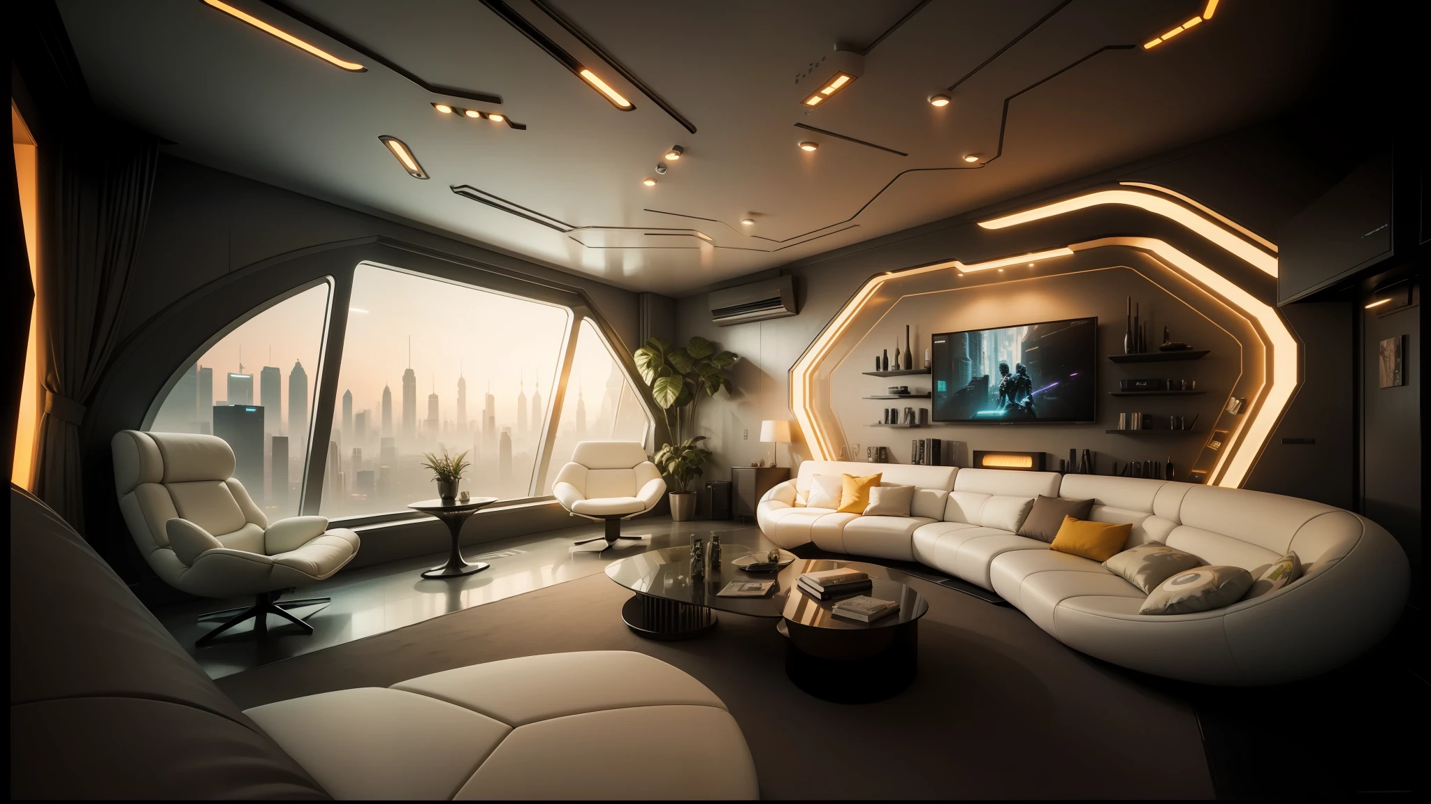 arafed living room with a large couch and a large window, futuristic looking living room, retro futuristic apartment, futuristic room, futuristic interior, futuristic room background, futuristic decor, bladerunner apartment, spaceship interior, sci - fi interior, cyberpunk apartment, sci fi engine room living room, gaming room in 2 0 4 0, scifi room, the cyberpunk apartment --auto --s2