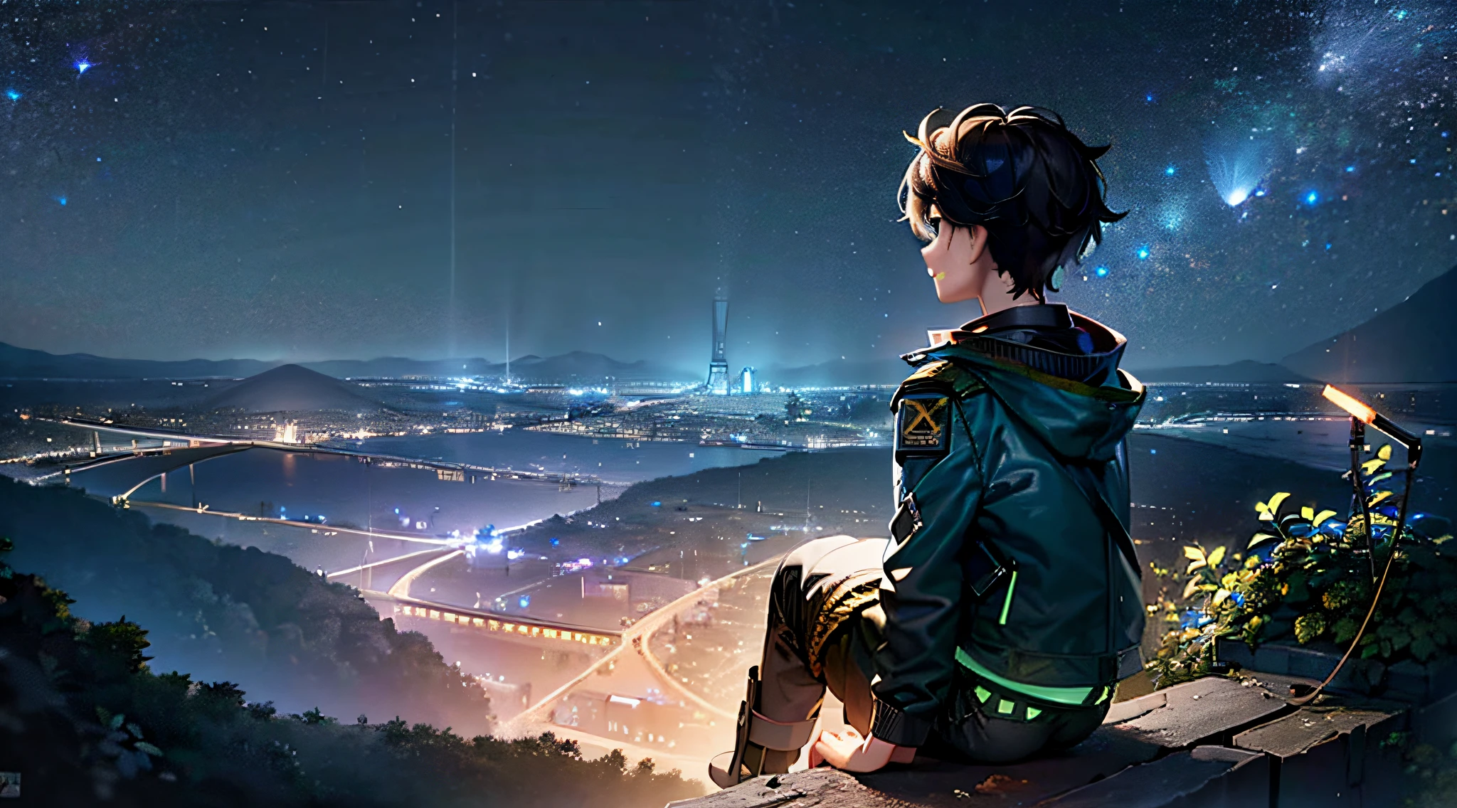 Masterpiece, best quality, at night, a teenager holding a site to catch fireflies on the edge of the cliff overlooking the city (1:3), the city (2:3), the lights, the streets are orderly, the picture perspective looks from the jungle behind the teenager