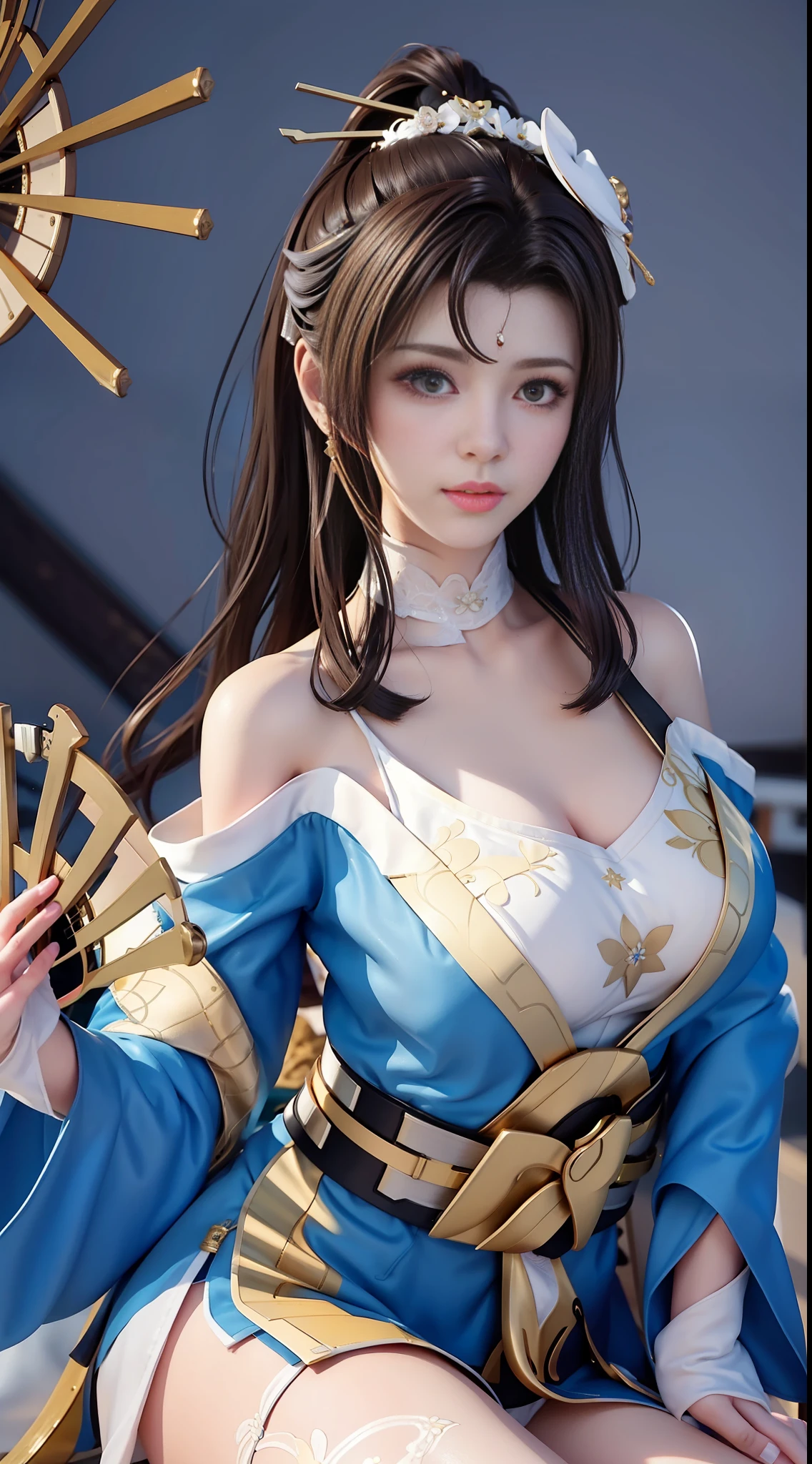 Fire Dance, 1 Girl, Solo, Brunette Hair, Long Hair, White Thighs, Chair, Role Play, ((Upper Body)), (()), Young and Beautiful, Fair Face, Perfect Facial Features, Fair Skin, Good Figure, 4K, CG, Handheld Fan, Blue Theme, GameCG Background, 3D Rendering, Realistic, Cinematic Lighting, Smooth Fog, Detailed Face, Faint Smile, (((Japanese Style Architectural Background))).