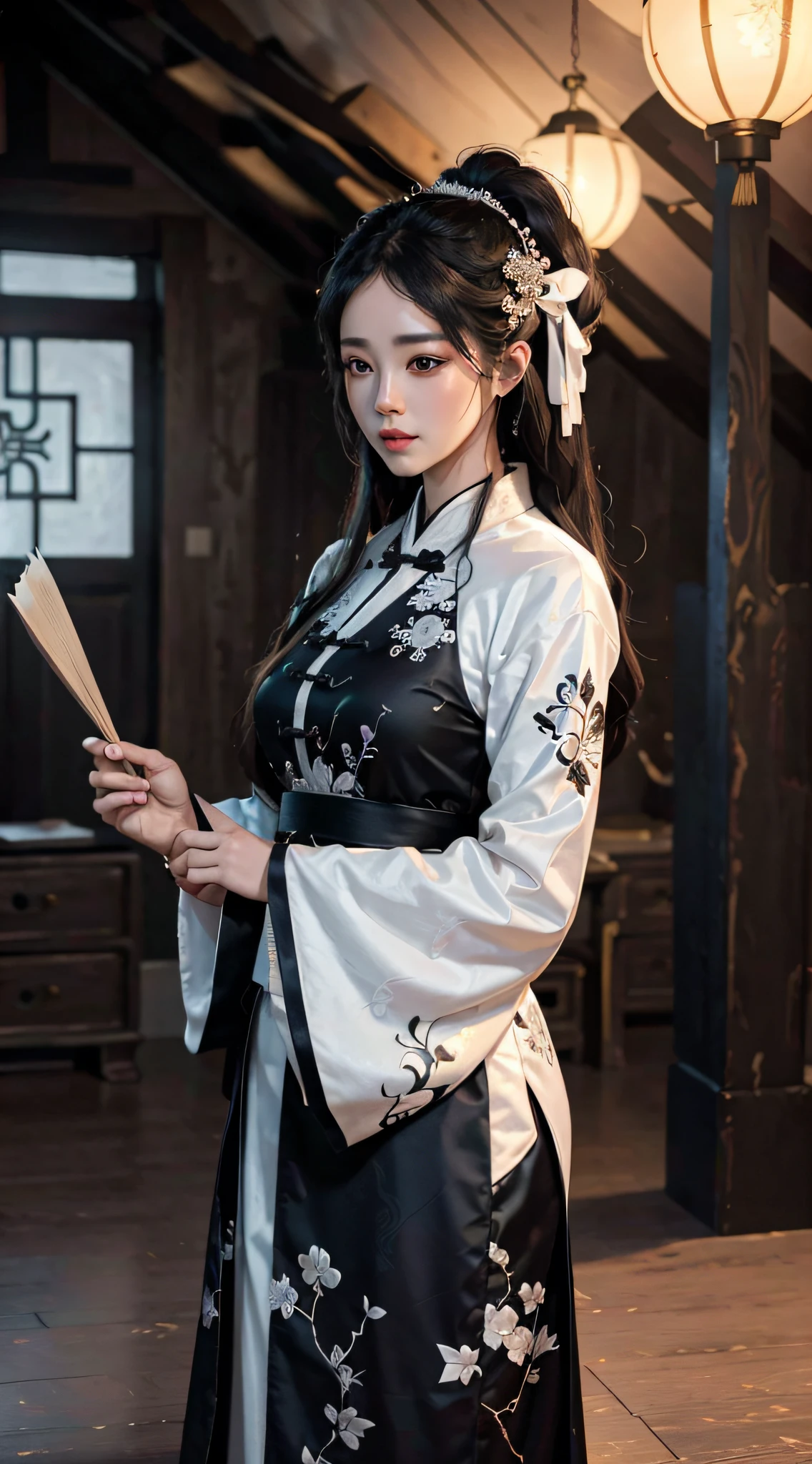 1 girl, holding a scroll of calligraphy and painting, standing in the attic, breeze blowing, long hair flowing, Hanfu, white blouse, black group, tulle ribbon, black embroidery pattern, fringed hair ornament, jade pendant, ancient Chinese architectural background, best quality, highly detailed, masterpiece, hyperdetail, illustration, ink, film lighting, wide angle