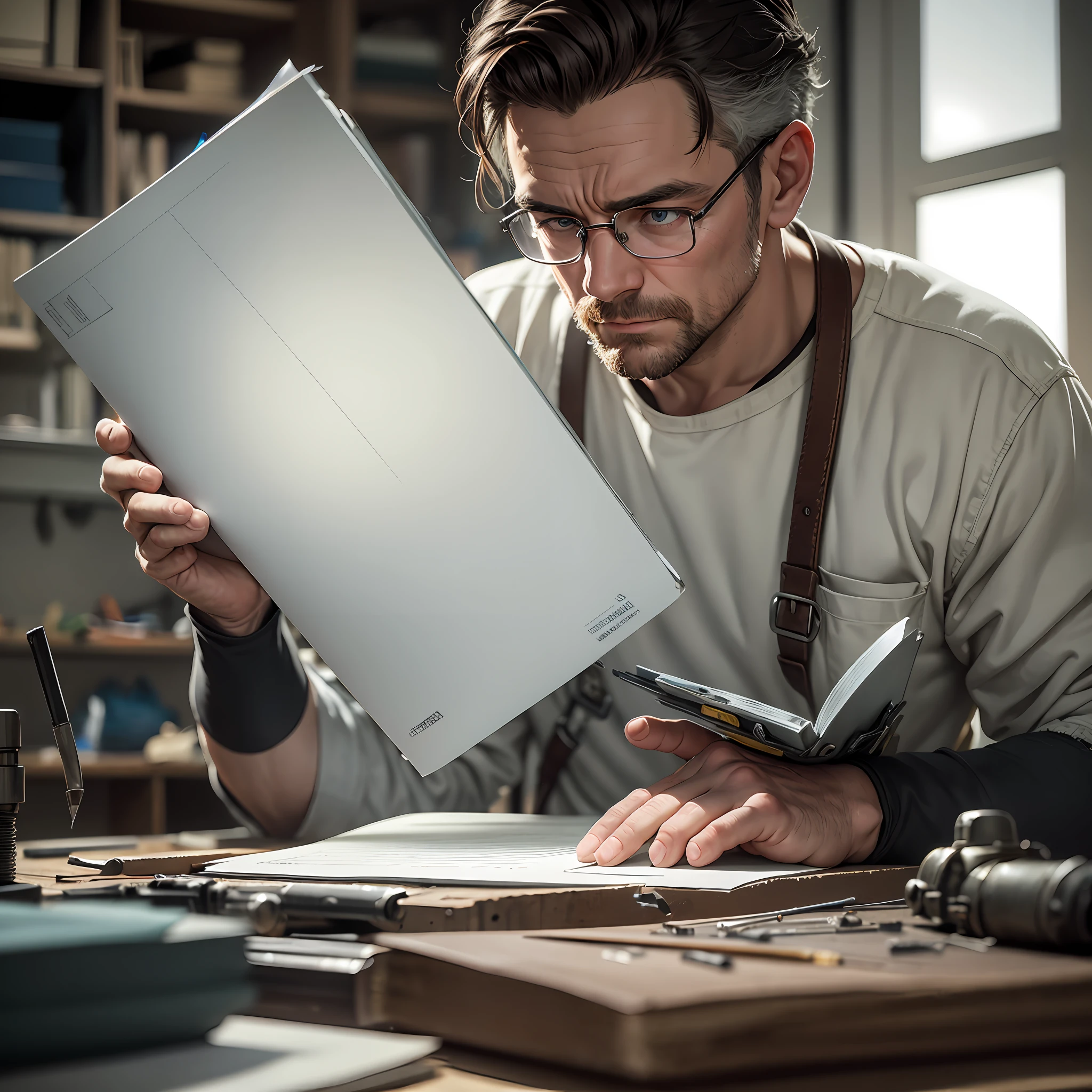 In the workshop illuminated by a soft white light, a skilled and determined man focuses on repairing a notebook with the skills of a true craftsman. His eyes are fixed on the bright screen, reflecting the intensity of his work.

The desk is full of notebooks in different states of disassembly. --auto --s2