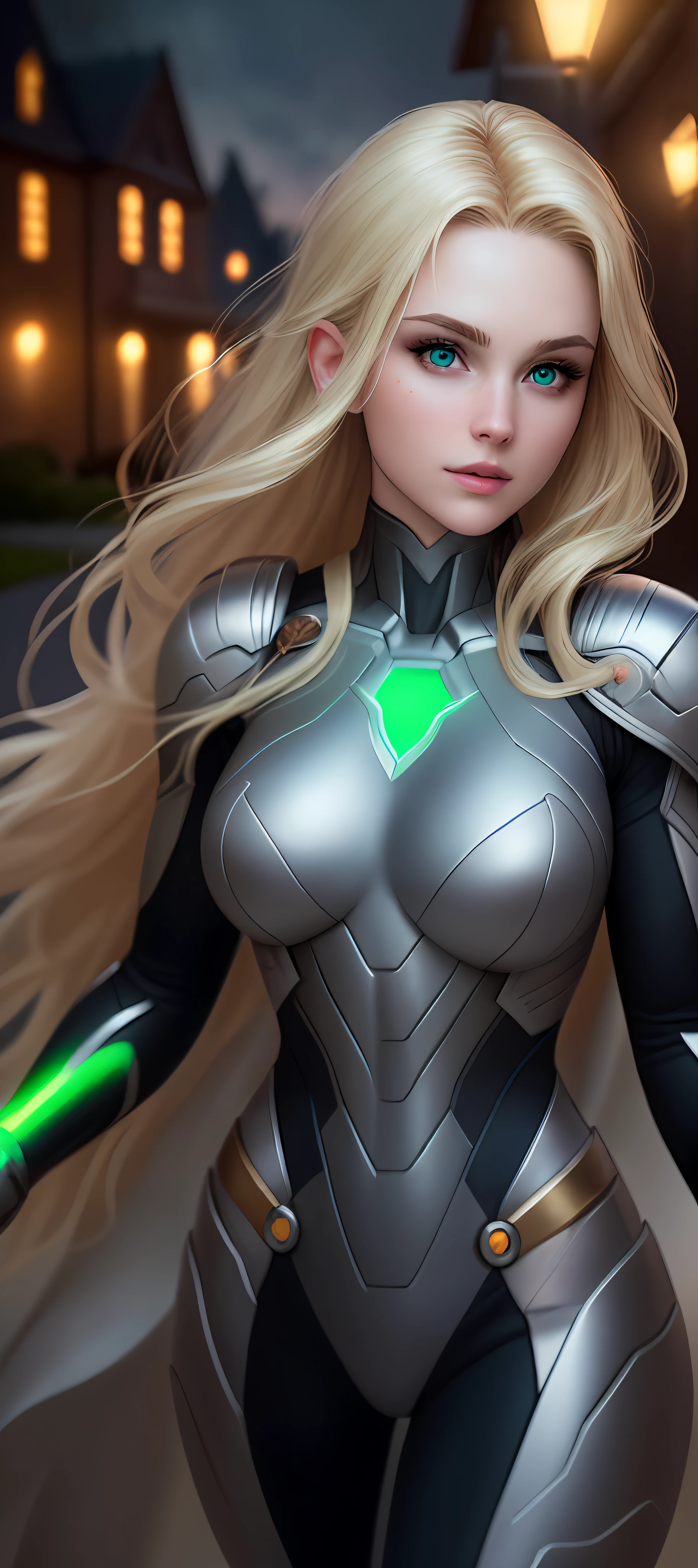 "Complete art masterpiece, high quality, ultra detailed in 4k, 8k, high resolution, hyper-realistic photo, hyper-detailed, realistic skin texture, amazing shadows, extremely detailed texture, perfect lighting, high-level image quality." A female superheroine, inspired by x-man, Fair skin, blond hair, outlined eyes, outlined face, bracelet, Full body, Nice super hero clothes, in the florest, Magic Green light in hands, Green glowing eyes, outside a mansion