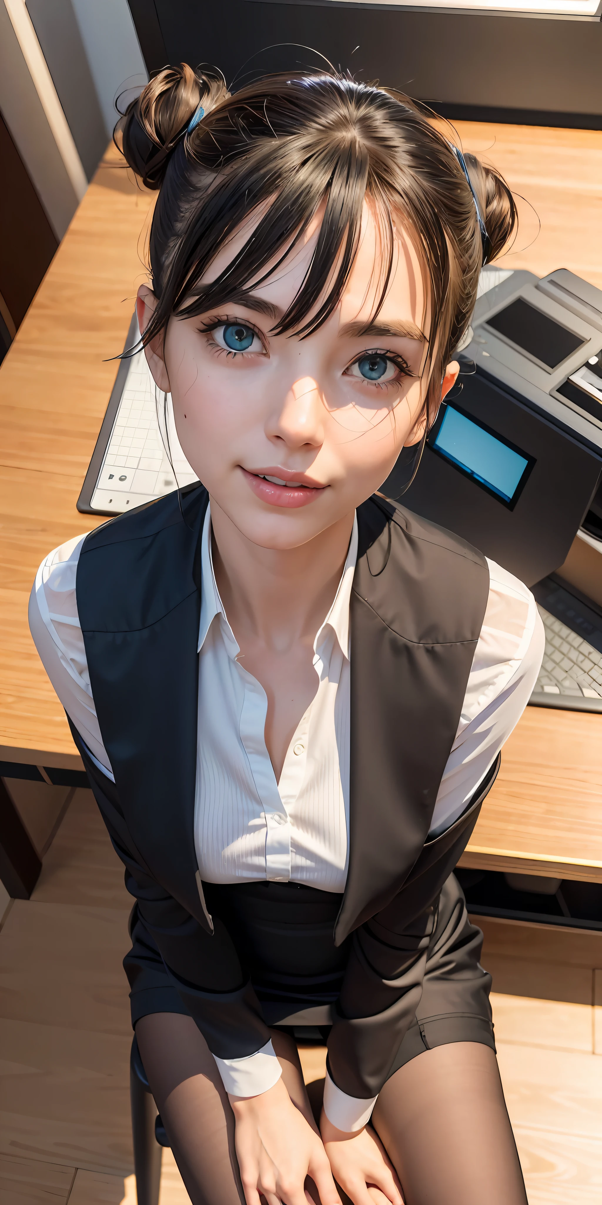 (RAW, best quality, masterpiece:1.5), (photo realistic, intricate details:1.2), ultra highres, absurdres,
1girl, beautiful face, blue eyes, green eyes, detalied eyes, symmetric eyes, light on face, nose blush, short hair, hair bun, black hair tie, 
clk, vest, suit, pencil miniskirt, white shirt, silk scarf, black pantyhose, [:20d, :0.8],
smile, small dimples, sexually suggestive, 
medium breasts, slim waist, slim legs, long legs,
sitting on chair in front of desk, perfect body, good proportions,
looking at viewer, 
(office, indoor, hyper detailed background:1.2), japan, copy machine, file cabinet, computer, monitor,
shiny skin, real skin texture, 
natural lighting, best lighting, detailed background, detailed shadow, sharp focus, depth of field f/2,
saturated, high contrast, strong light and shadow