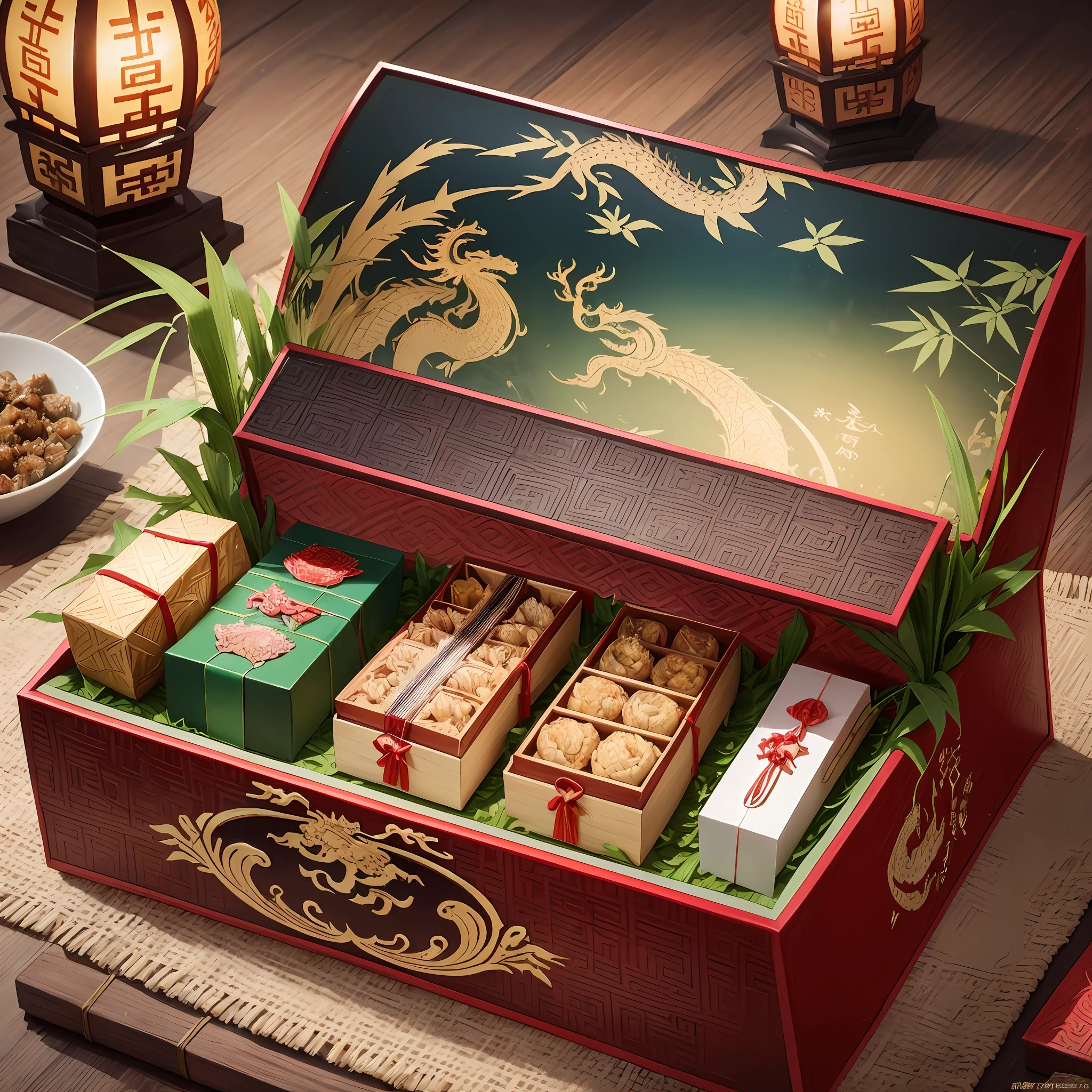 High-end Chinese Dragon Boat Festival gift box, the gift box is open, the gift box lid is hovering dragon, fangs, Chinese dragon, (a detailed close-up picture quality Dragon Boat Festival food gift box), Chinese rice dumplings wrapped in bamboo leaves --auto --s2
