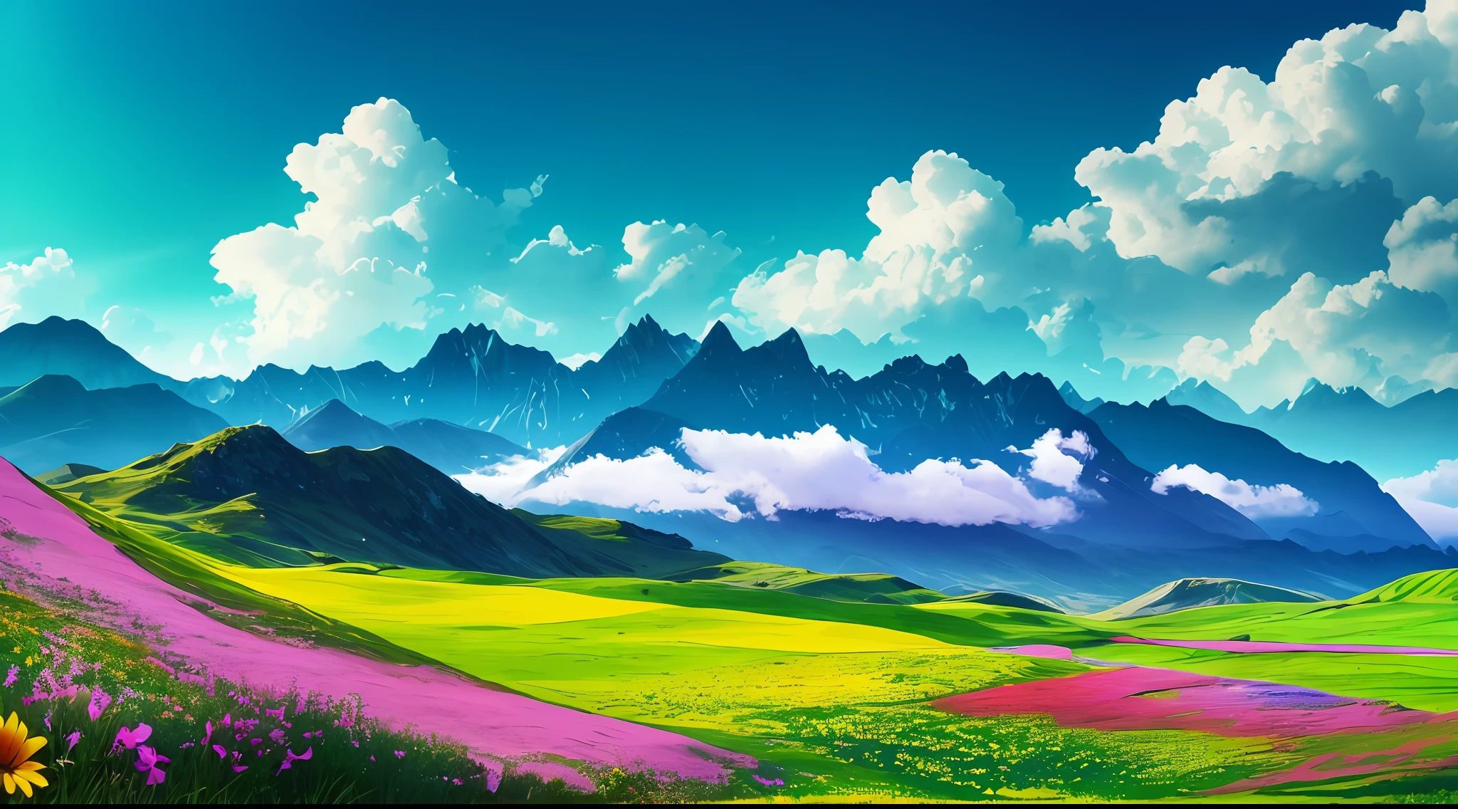 Computer desktop, bright, fantastic atmosphere 8K, colorful clouds, mountains in the distance, landscape map, can see far away, clear, green, with mountains, eye protection, healing, spring color, wildflowers, green grass