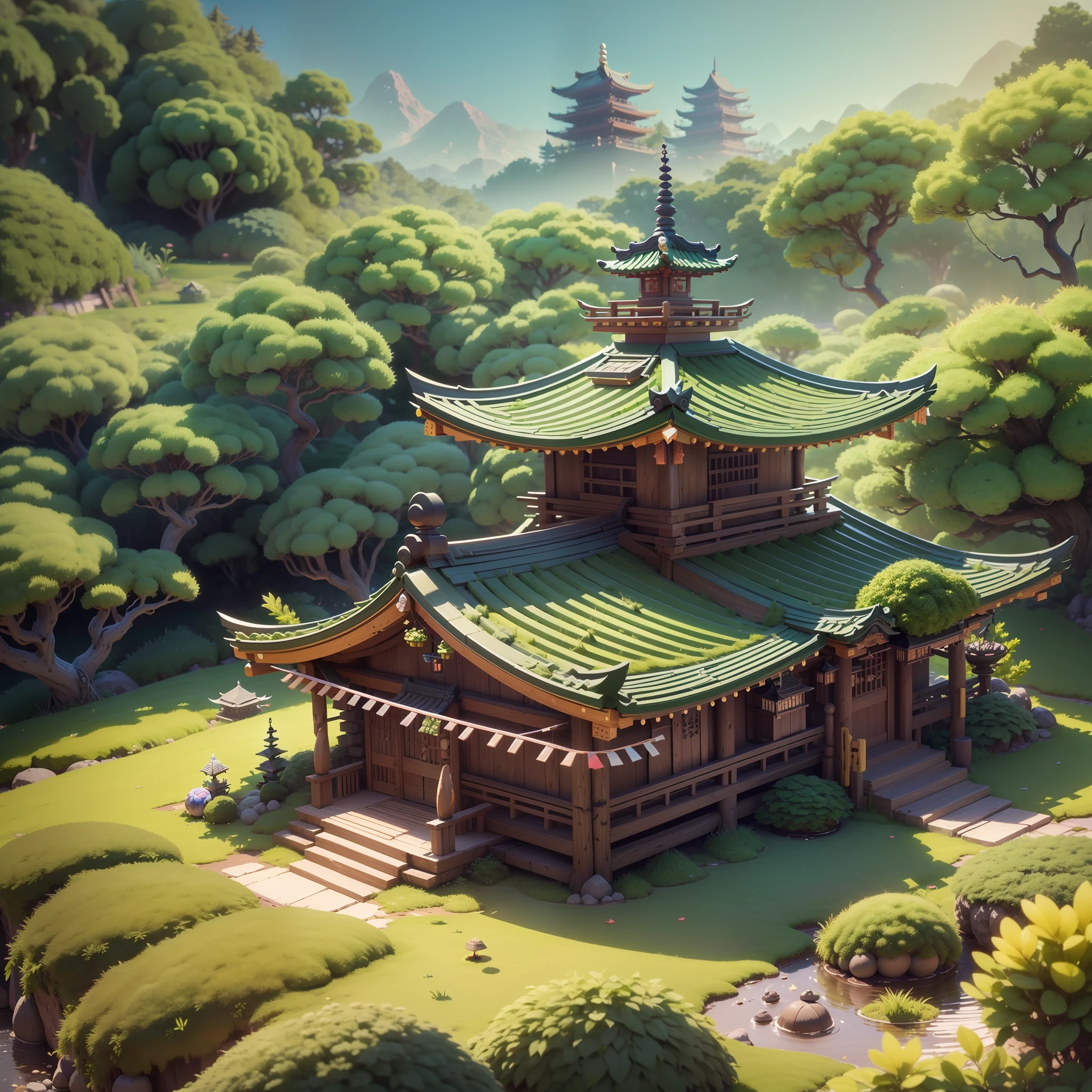 (isometric 3D),(masterpiece), (extremely detailed CG unity 8k wallpaper), (best quality), (best illustration), (best shadow),
a cute, Japanese Temple, A round turnip hut covered with moss
, octane render, ray tracing, ultra detailed --auto --s2