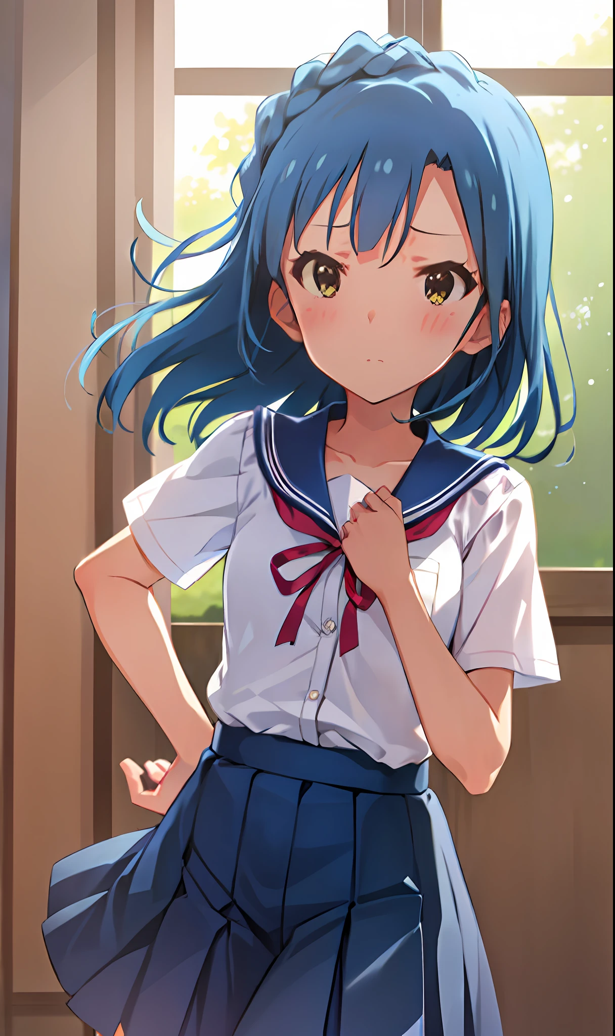 Yuriko Nanao (Million Live), (Top Quality, 8K, Masterpiece, Super Detail: 1.2), Cinematic Angle, Sun, Dappled Daylight, Blue Sky, Beautiful Clouds, Cityscape, Lens Flare, Glow, Light Particles, Wide Shot, 1 Girl, Solo, Skirt, ((((Sad Face)))))), Watch Audience, Sailor Color, Pleated Skirt, Short Sleeve, School Uniform, Blush, Serafuk, Clavicle, Ribbon, upper body, adjusted hair, wind, floating hair, face straight ahead.look at the camera.put your hands on your hips and stretch your chest.