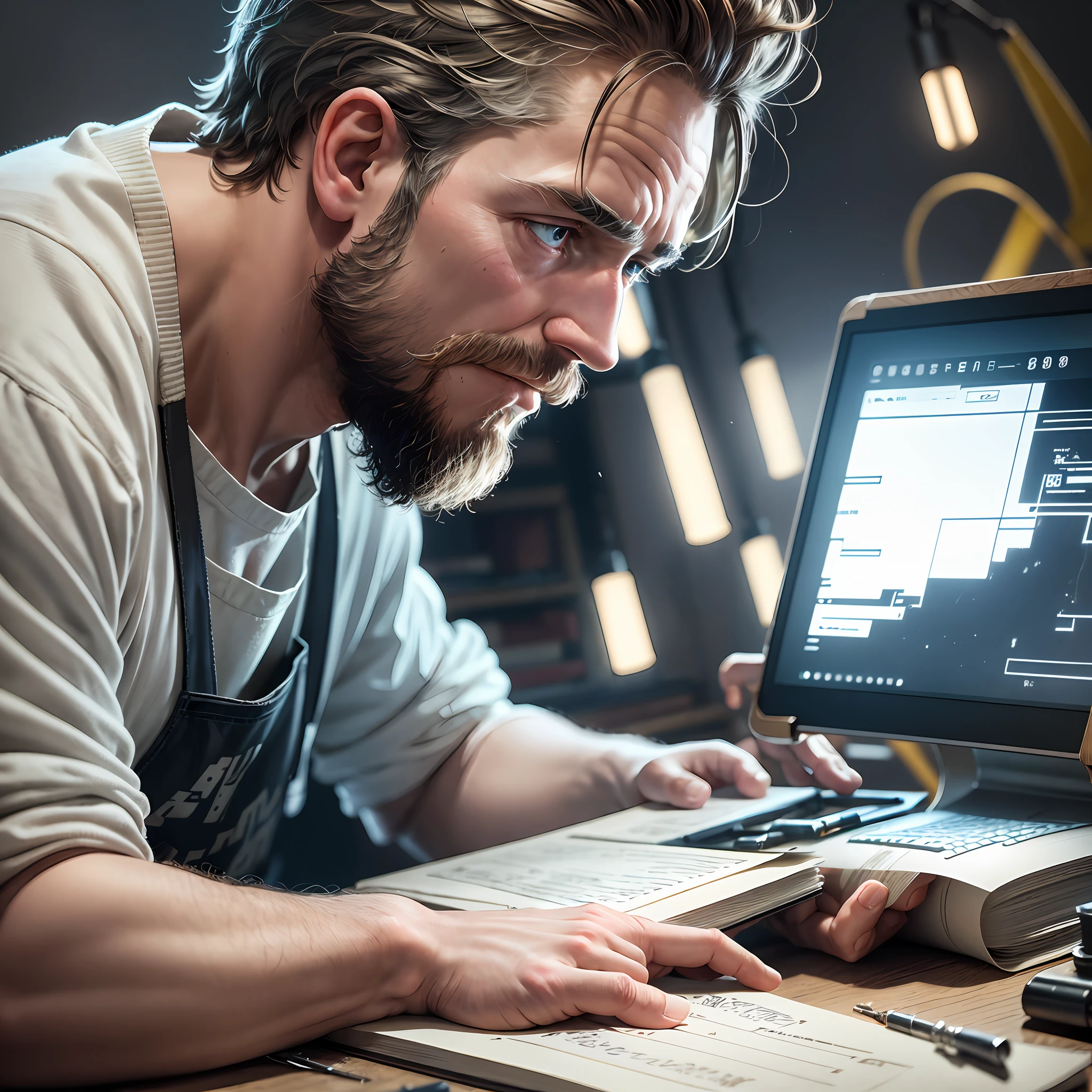 In the workshop illuminated by a soft white light, a skilled and determined man focuses on repairing a notebook with the skills of a true craftsman. His eyes are fixed on the bright screen, reflecting the intensity of his work.
The desk is full of notebooks in different states of disassembly. --auto --s2