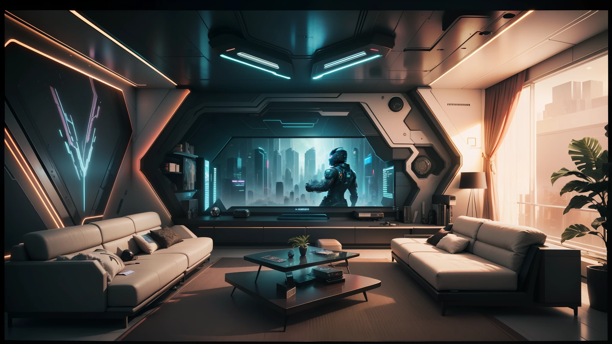 arafed room with a large screen and a couch, cyberpunk apartment, gaming room in 2 0 4 0, futuristic room background, futuristic room, the cyberpunk apartment, futuristic looking living room, in a cyberpunk themed room, retro futuristic apartment, apartment set in the near future, futuristic decor, cyberpunk teenager bedroom, futuristic. game cg, cgsociety 9, futuristic interior --auto --s2