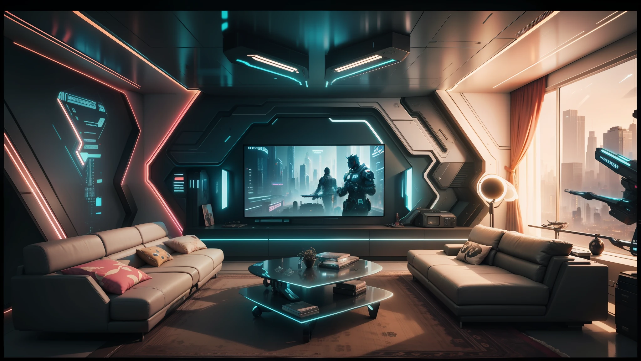 arafed room with a large screen and a couch, cyberpunk apartment, gaming room in 2 0 4 0, futuristic room background, futuristic room, the cyberpunk apartment, futuristic looking living room, in a cyberpunk themed room, retro futuristic apartment, apartment set in the near future, futuristic decor, cyberpunk teenager bedroom, futuristic. game cg, cgsociety 9, futuristic interior --auto --s2