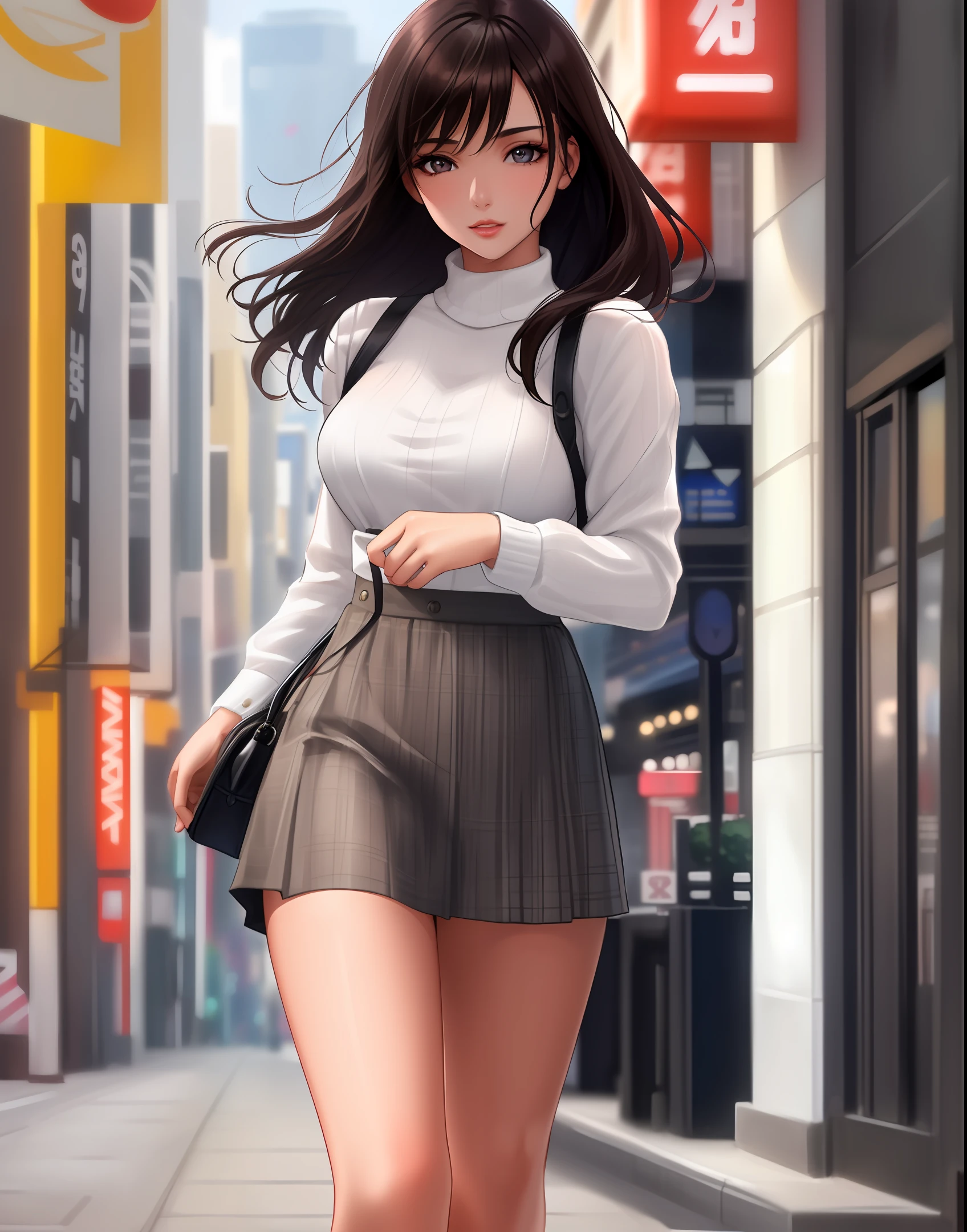 ((Top Quality, 8k, Masterpiece: 1.3)), Beauty, 1 Girl, Big: 1.3, Slender Abs: 1.1, Dark Brown Hair, Walking Around the City, Open Legs: 1.2), Ultra Detailed Face, Highly Detailed Lips, Detailed Eyes, Double Eyelids, White See-Through Shirt Black tight mini skirt