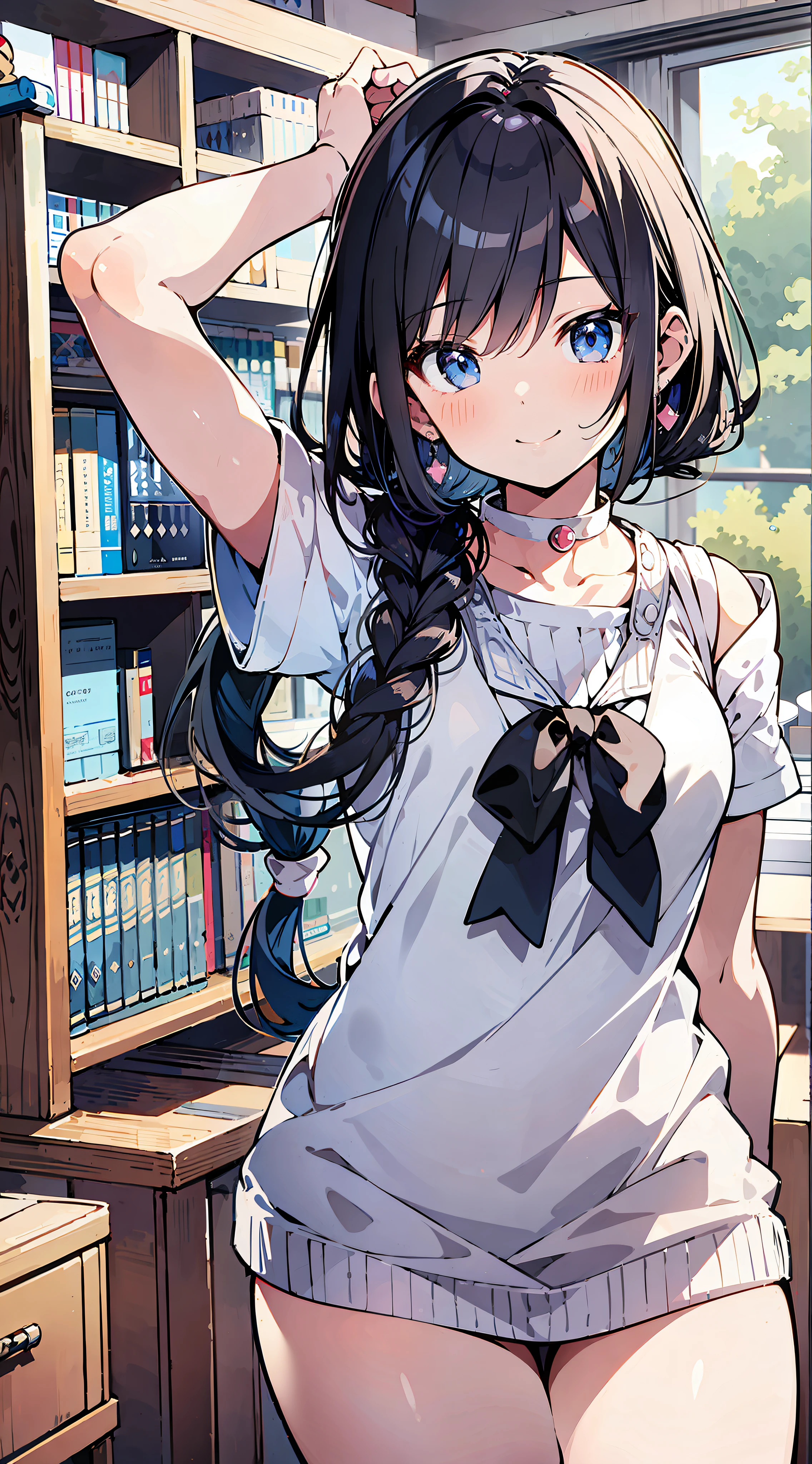 anime girl with long black hair and a white shirt in a library, anime moe artstyle, kantai collection style, small curvy loli, anime visual of a cute girl, loli in dress, cute anime girl, young anime girl, twintails, beautiful anime high school girl, anime girl, (anime girl), pretty anime girl, clean detailed anime art