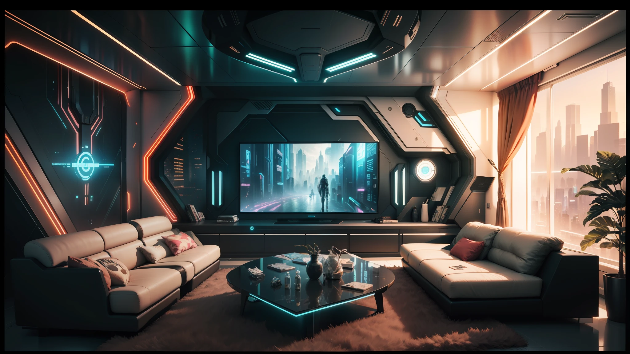 arafed room with a large screen and a couch, cyberpunk apartment, gaming room in 2 0 4 0, futuristic room background, futuristic room, the cyberpunk apartment, futuristic looking living room, in a cyberpunk themed room, retro futuristic apartment, apartment set in the near future, futuristic decor, cyberpunk teenager bedroom, futuristic. game cg, cgsociety 9, futuristic interior --auto --s2