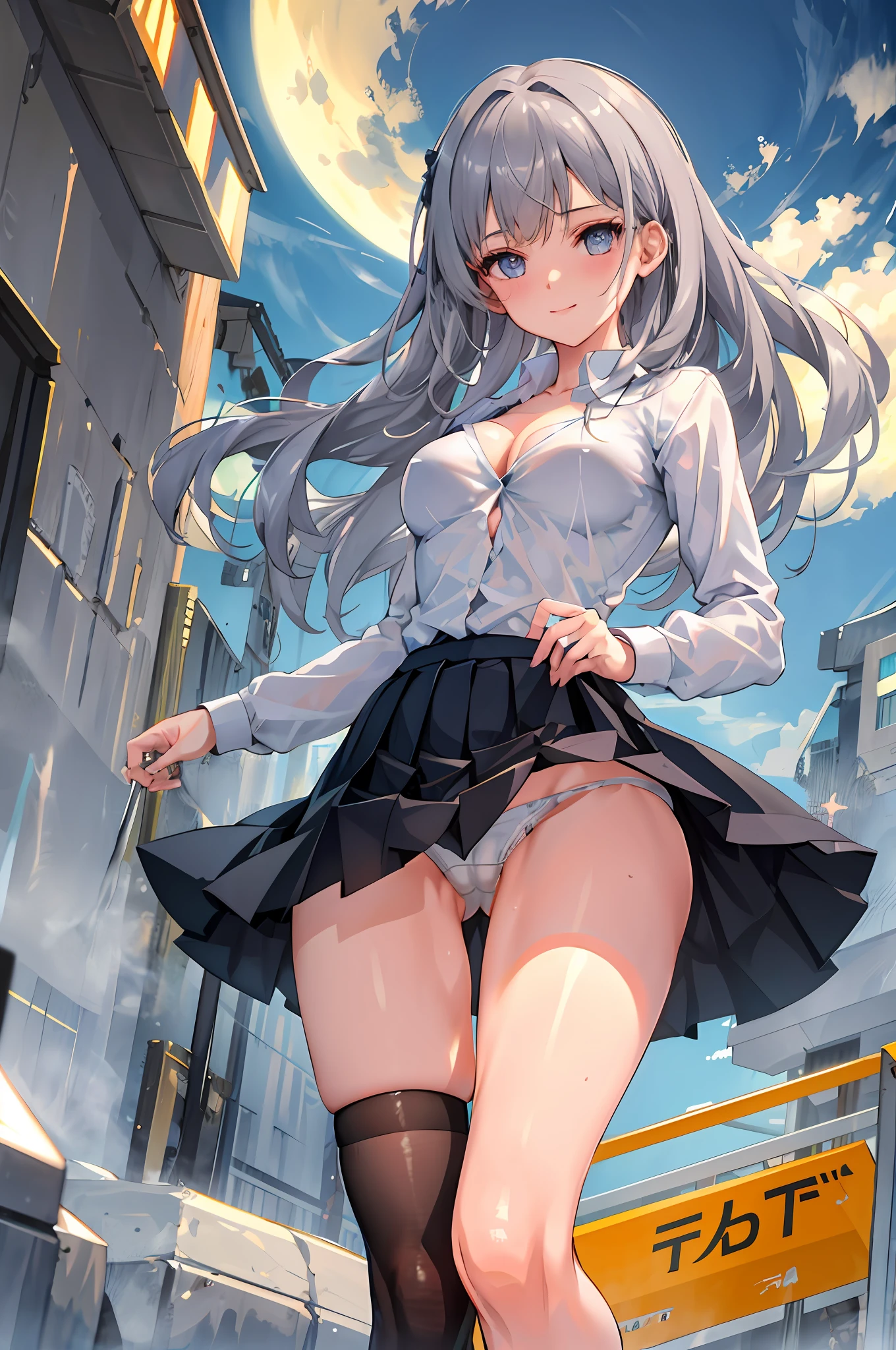 masterpiece, best quality, high resolution, high-resolution, library,one girl, solo, angle from below, skirt, shirt, blue eyes, light shirt, unbuttoned, fluffy breasts, cleavage,protruding, hard, gray hair, pleated skirt, socks, black skirt, long hair, long sleeve, bangs, black socks, pubic hair, pubic hair visible, dress shirt, smile, proud expression, light eyes, sweaty, soaked, sheer, Light clothing, Skirt blowing in the wind, Lifting skirt, crotch line, hip line, white underwear, panty shot, beautiful leg line, drops flowing down the legs, lower body soaked, wet hips, excessive crotch water droplets, three-dimensional feeling of body parts, exposed underwear, realistic skin texture, focus on the feet, kneeling, finger shifting panty position, lighting from below, Bitten panties, masturbation