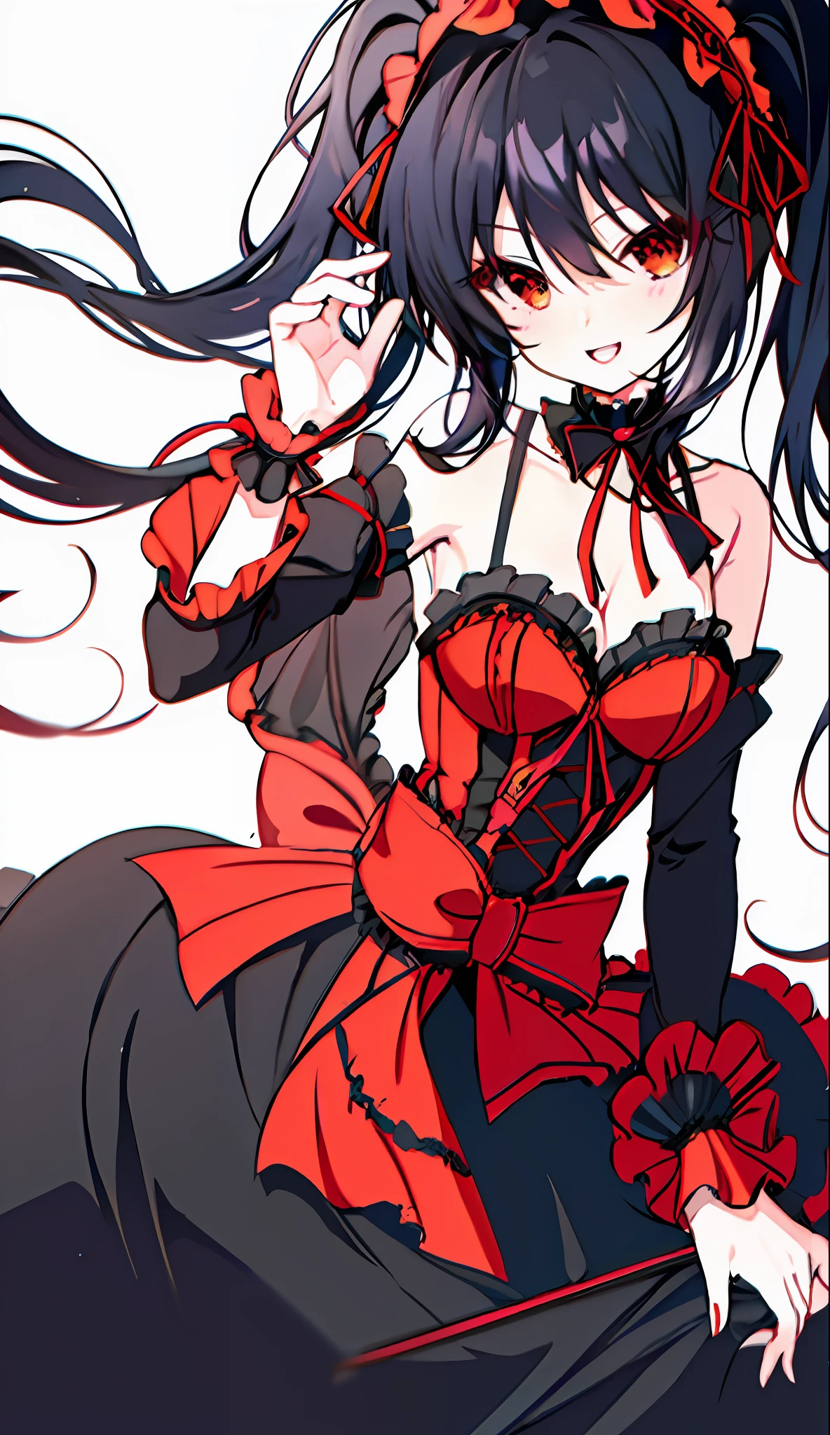 18 Year  Beautiful Girl, Masterpiece, Top Quality, 8K Anime, 1 Girl, Solo, Detailed Fingers, Precise Fingers, Non-Unnatural Hands, Odd Eye, Red Eyes, Cleavage, Black Hair Twin Tails, Kurumi Tokizaki