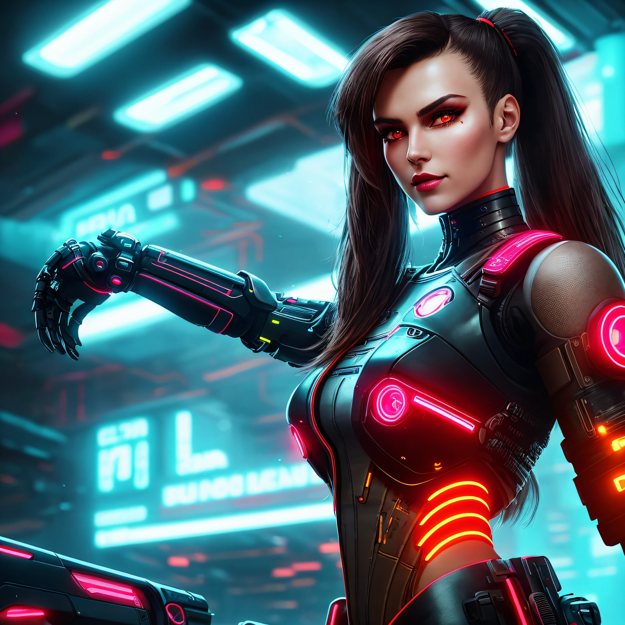 midshot of 1 stuningly beautiful brunette brown-eyed woman with one high ponytail, red glossy lips, neon lights, futuristic, cyborg implants, inspired by cyberpunk 2077, highly intricate image, detailed background, bold neon lights, backlights, dark ambient, 32k resolution, higher quality