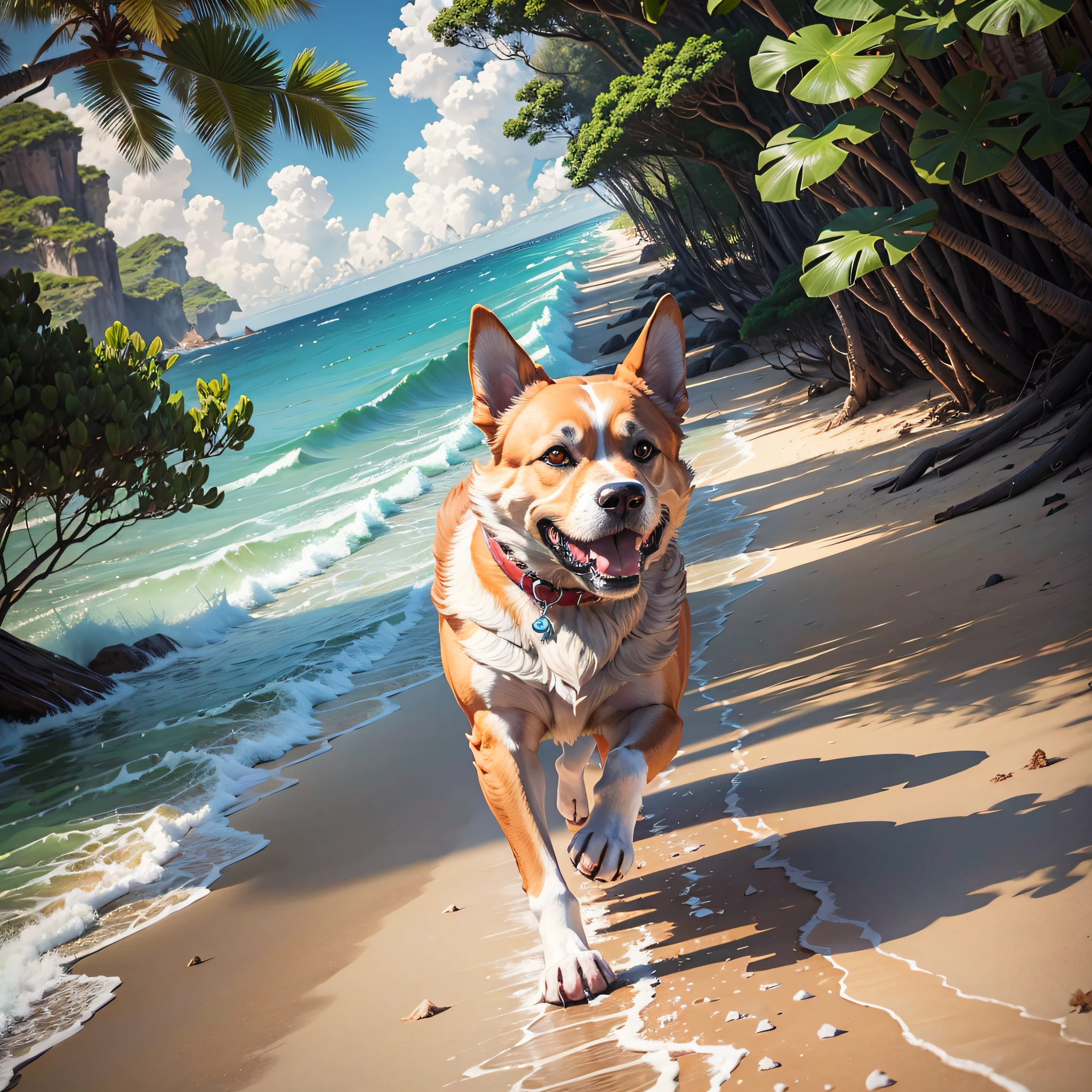 a realistic dog running in the paradisiac beach --auto --s2