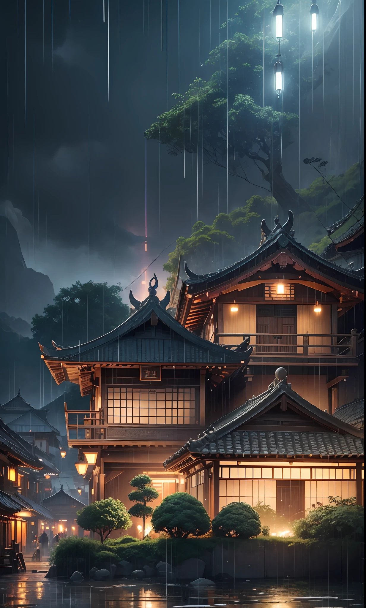 arafed view of a village with a lot of lights on the buildings, dreamy Indonesian town, Indonesian village, amazing wallpaper, Indonesian town, Indonesian village, hyper realistic photo of a town, old asian village, Indonesian city, by Raymond Han, rainy evening, cyberpunk Indonesian ancient castle, beautifully lit buildings, at evening during rain, beautiful and aesthetic, photography, cinematic, 8k, high detailed ((Heavy rain))) --auto --s2
