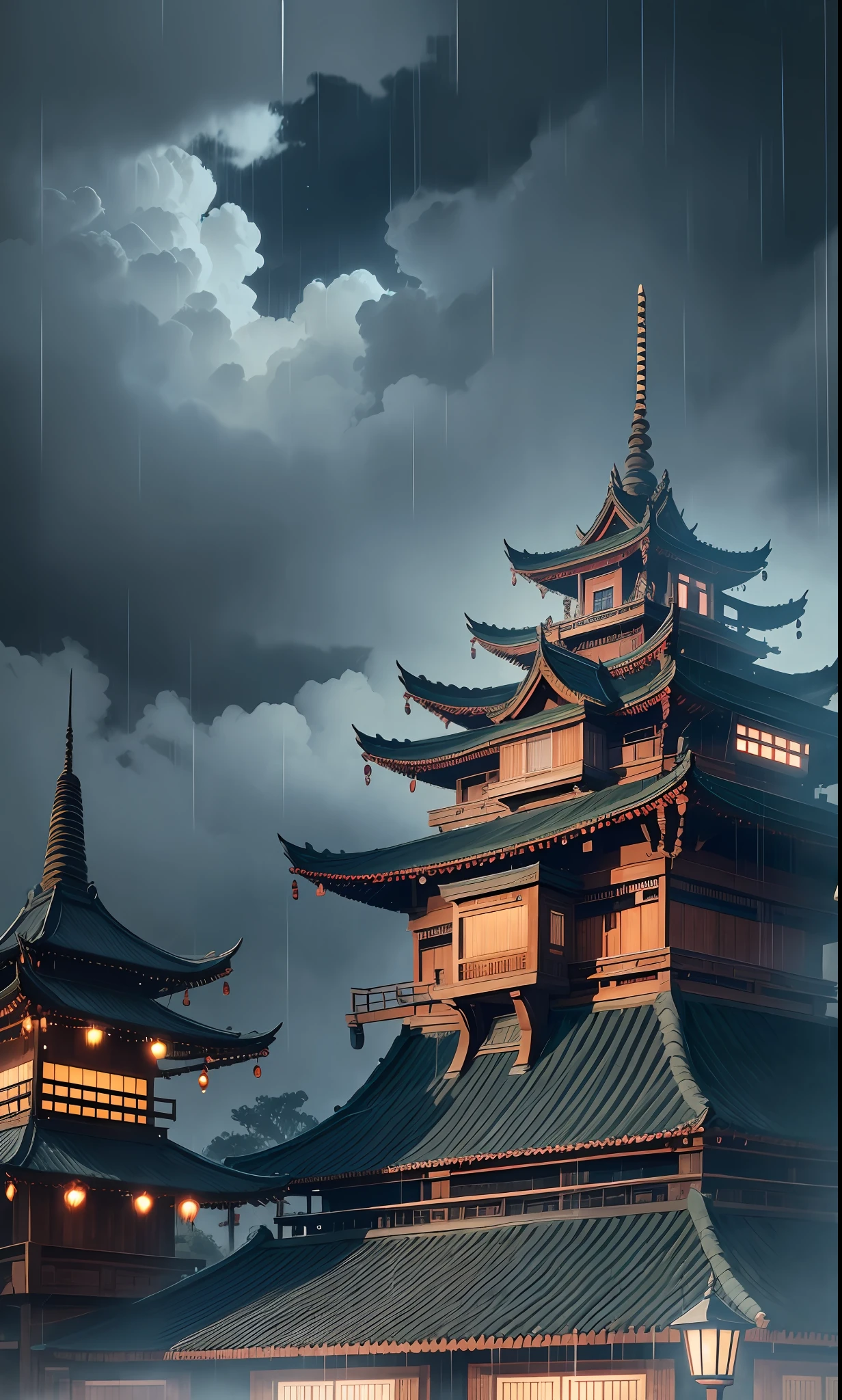 arafed view of a village with a lot of lights on the buildings, dreamy Indonesian town, Indonesian village, amazing wallpaper, Indonesian town, Indonesian village, hyper realistic photo of a town, old asian village, Indonesian city, by Raymond Han, rainy evening, cyberpunk Indonesian ancient castle, beautifully lit buildings, at evening during rain, beautiful and aesthetic, photography, cinematic, 8k, high detailed ((Heavy rain))) --auto --s2