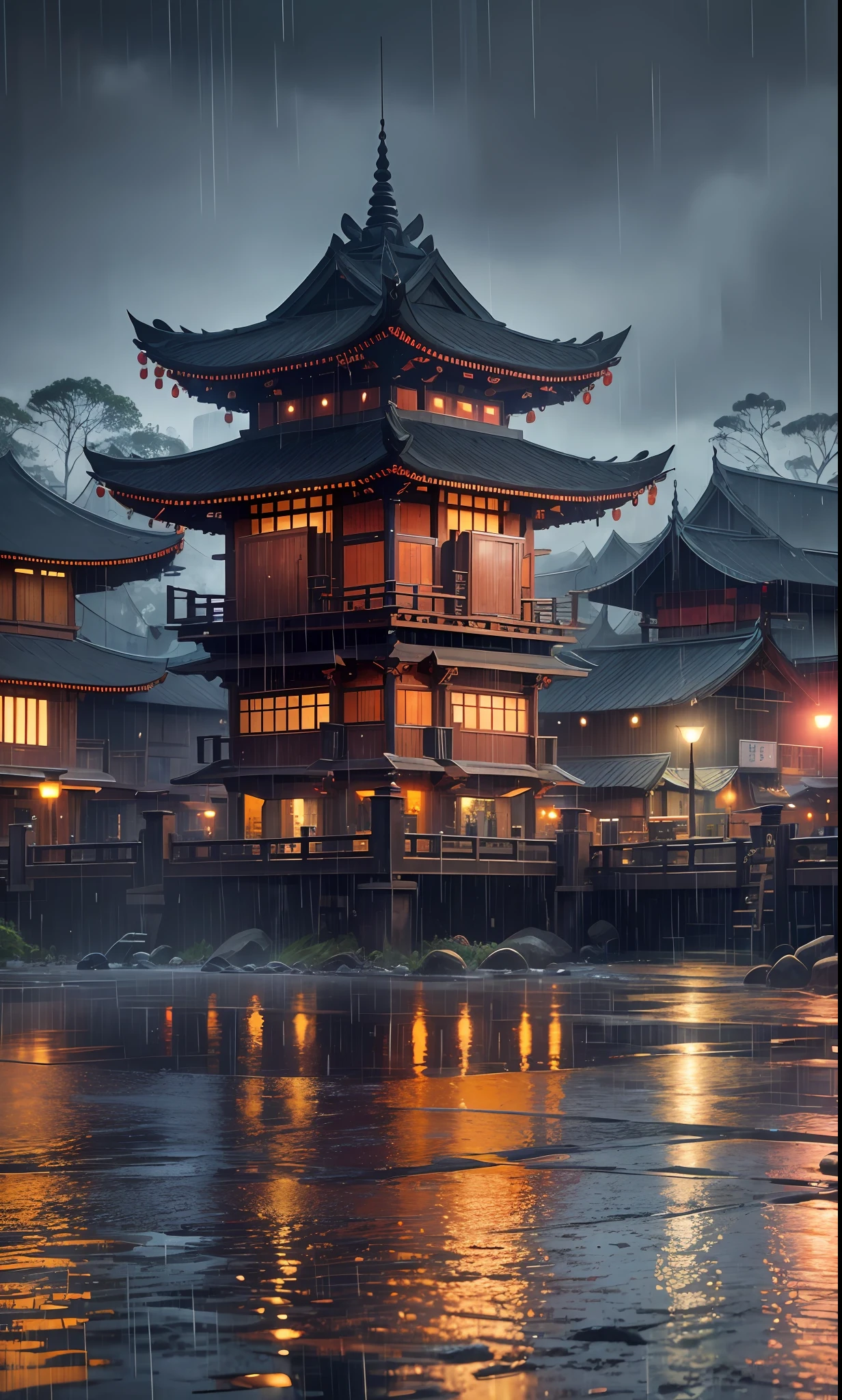 arafed view of a village with a lot of lights on the buildings, dreamy Indonesian town, Indonesian village, amazing wallpaper, Indonesian town, Indonesian village, hyper realistic photo of a town, old asian village, Indonesian city, by Raymond Han, rainy evening, cyberpunk Indonesian ancient castle, beautifully lit buildings, at evening during rain, beautiful and aesthetic, photography, cinematic, 8k, high detailed ((Heavy rain))) --auto --s2