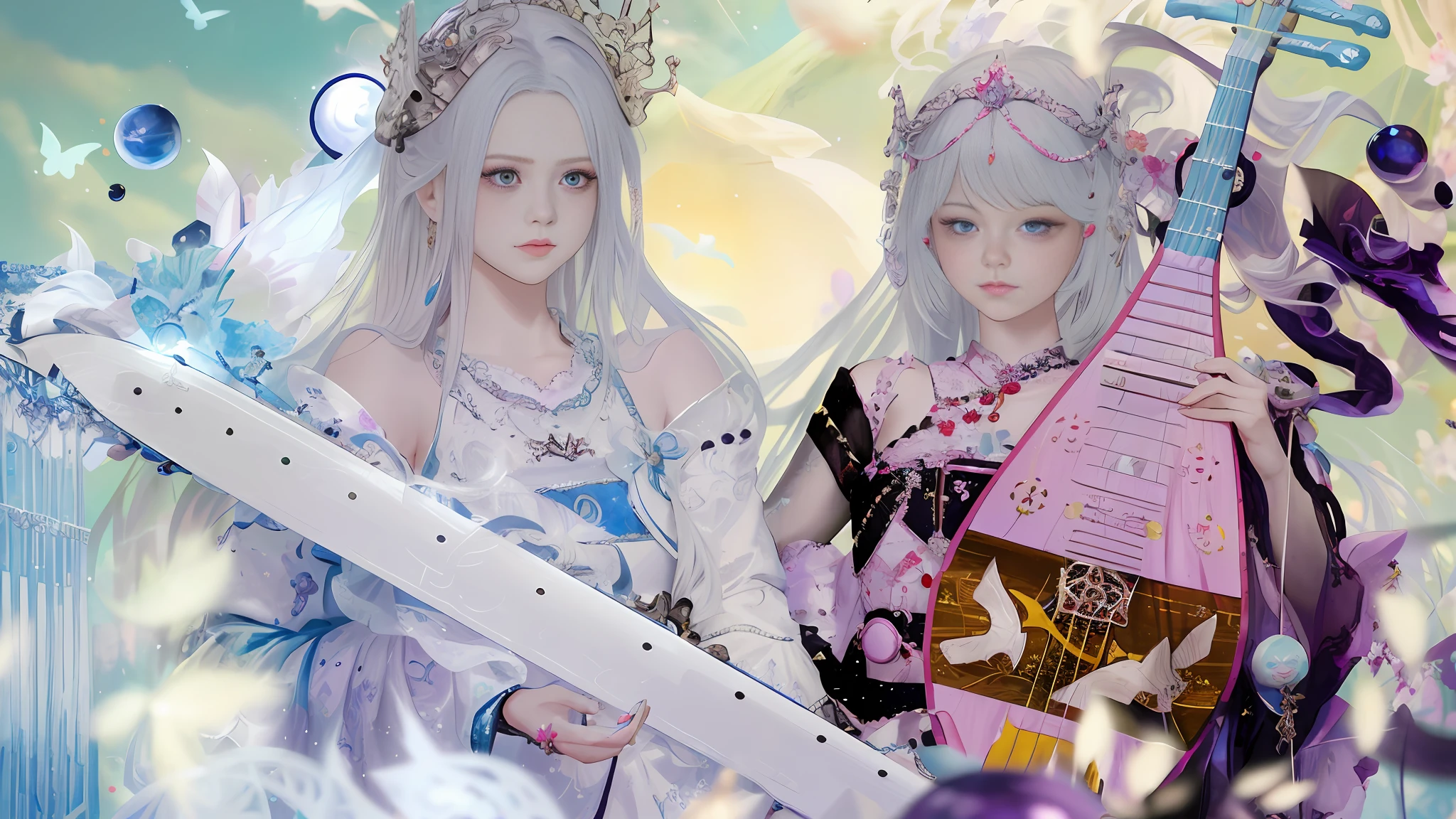 there are two dolls that are holding a guitar and a sword, (fantasy violin), world of lute, ethereal fantasy, queen and ruler of the universe, xianxia fantasy, guweiz masterpiece, guweiz, fantasy violin, wlop and sakimichan, nixeu and sakimichan, ((a beautiful fantasy empress))