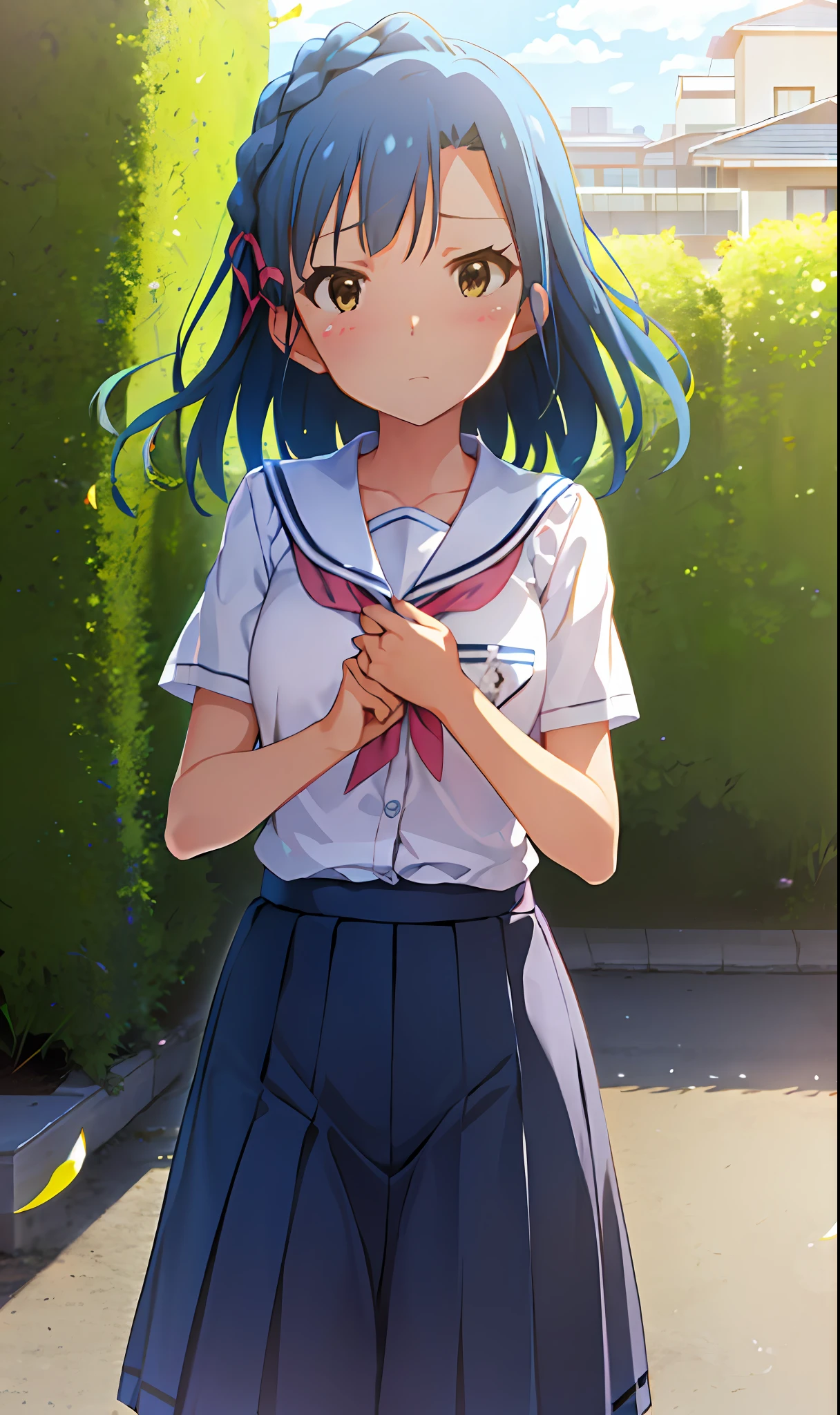 Yuriko Nanao (Million Live), (Top Quality, 8K, Masterpiece, Super Detail: 1.2), Cinematic Angle, Sun, Dappled Daylight, Blue Sky, Beautiful Clouds, Cityscape, Lens Flare, Glow, Light Particles, Wide Shot, 1 Girl, Solo, Skirt, ((((Sad Face)))))), Watch Audience, Sailor Color, Pleated Skirt, Short Sleeve, School Uniform, Blush, Serafuk, Clavicle, Ribbon, upper body, adjusted hair, wind, floating hair, face straight ahead.look at the camera.put your hands on your hips and stretch your chest.