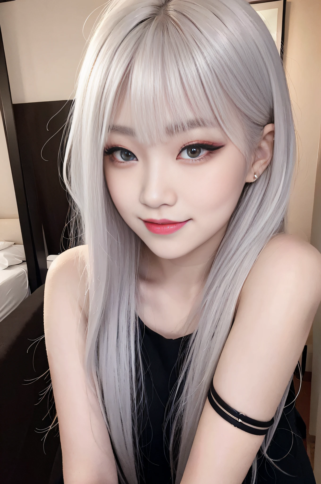 16 year old Japan man, white hair, dark makeup with perfect eyes, many eyelashes, eye shadow, thin legs, hotel bed, evil smile, devilish smile