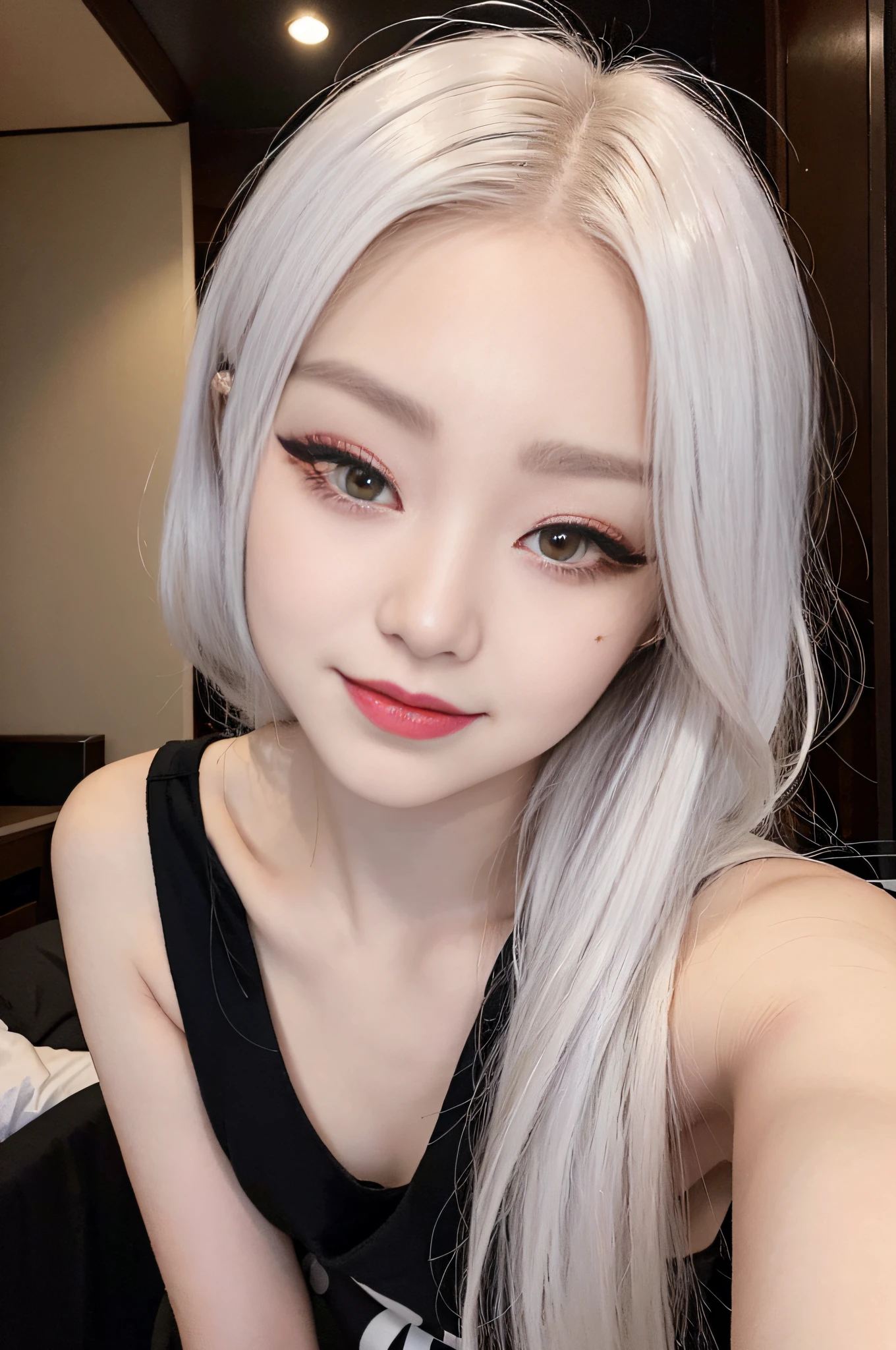 old Japan woman, white hair, (many eyelashes, dark eyeshadow, eyeliner, makeup on the underside of the eyes), thin legs, hotel bed, evil smile, devilish smile