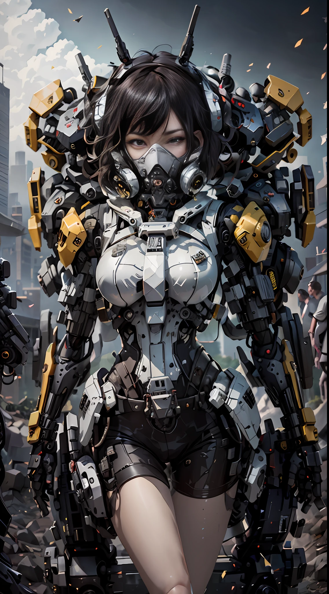 This is a CG Unity 8k wallpaper with ultra-detailed, high-resolution and top quality in cyberpunk style, dominated by black and red. In the picture, a beautiful girl with white messy short hair, a delicate face, wearing a steam mecha mask, standing on the ruins, behind her is a huge robot, and the action of a woman holding a heavy sniper rifle in her hand,