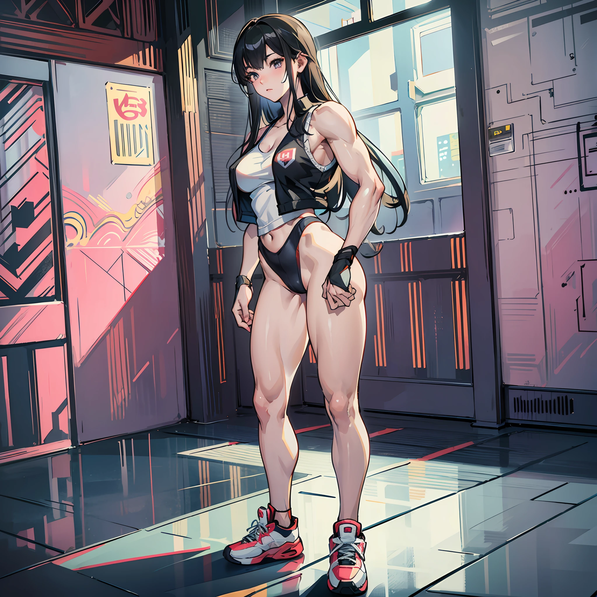 hyper-realistic, gym, female, Asian face, long hair, full body, muscles, vest line, naked upper body,