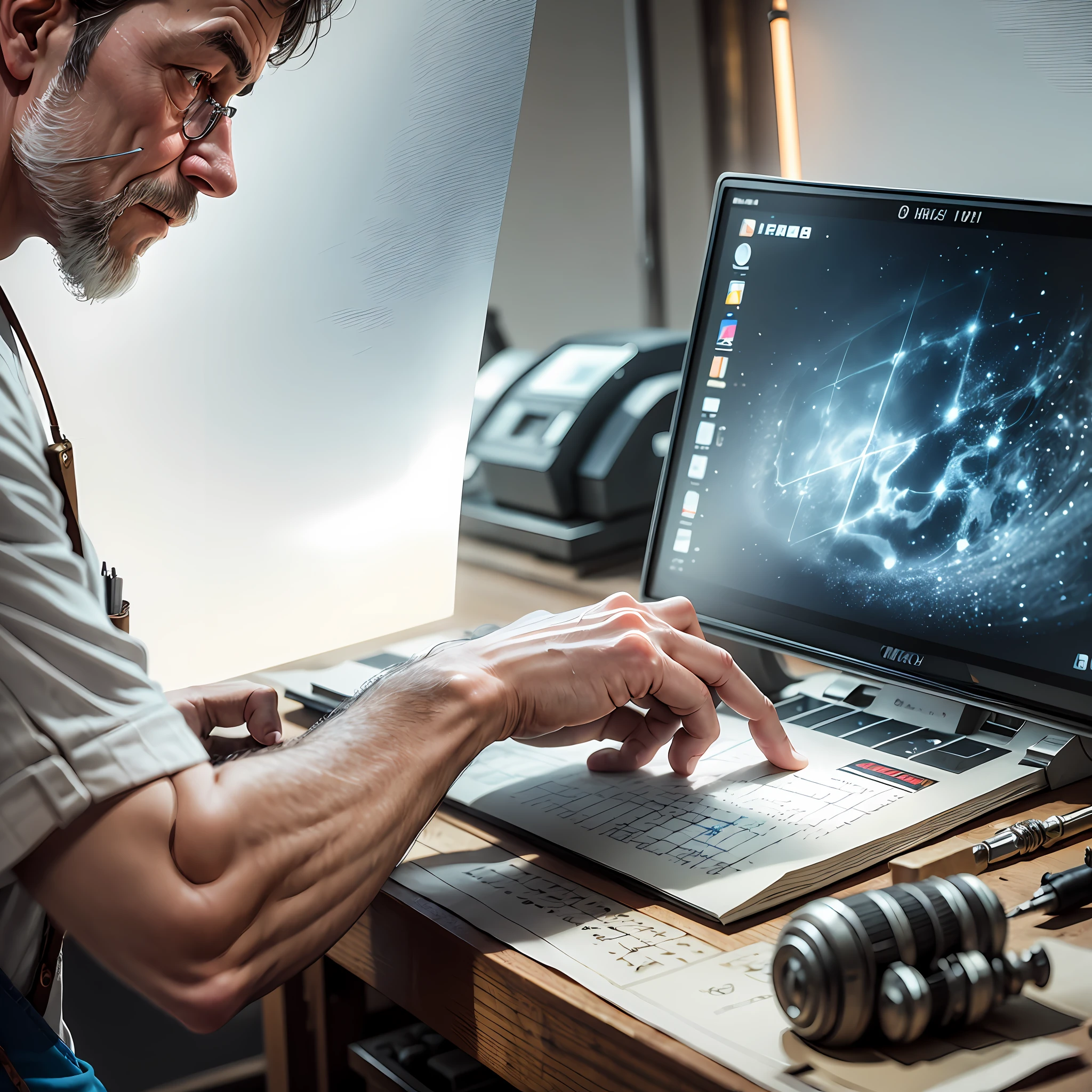 In the workshop illuminated by a soft white light, a skilled and determined man focuses on repairing a notebook with the skills of a true craftsman. His eyes are fixed on the bright screen, reflecting the intensity of his work. --auto --s2