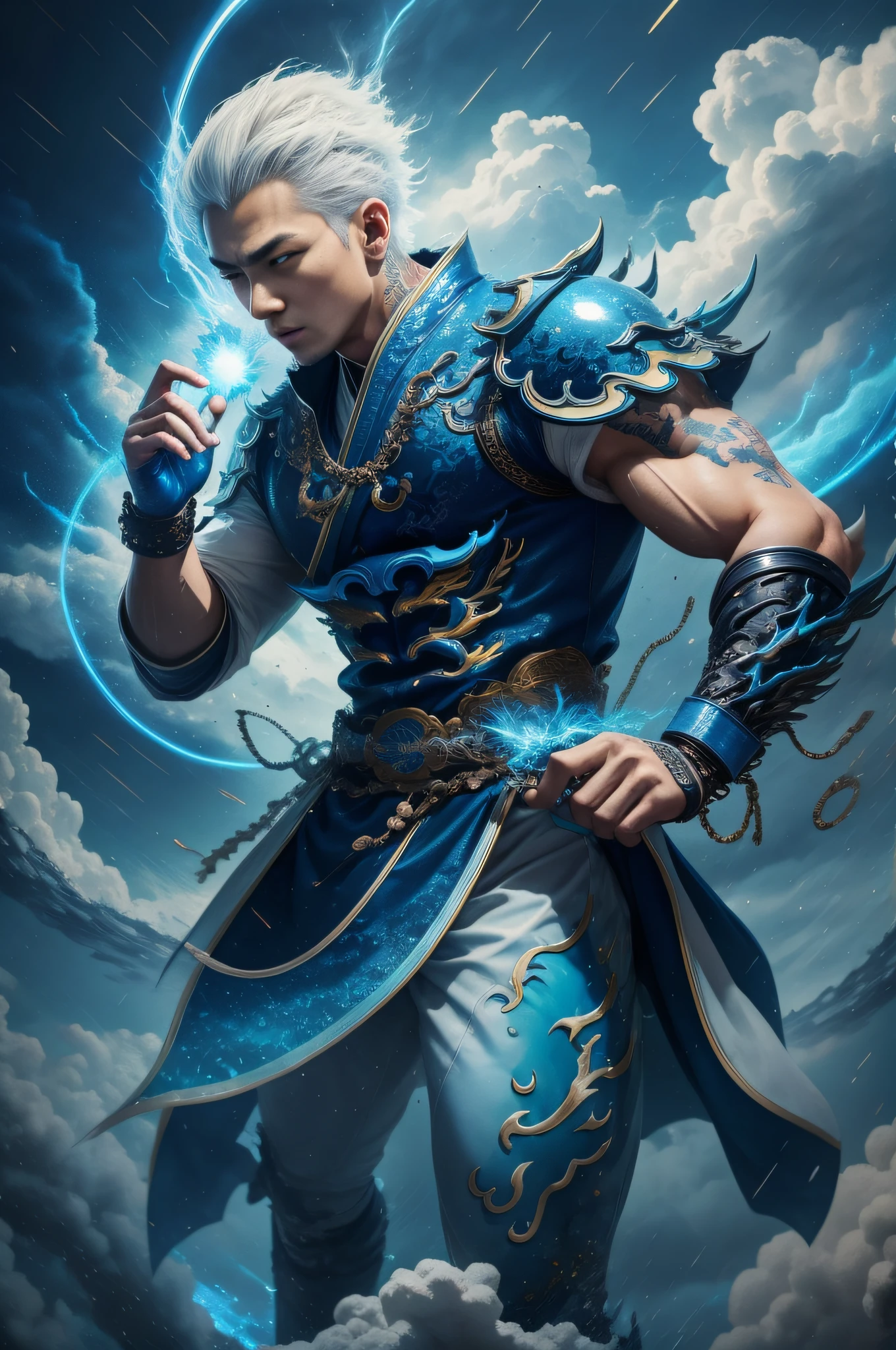 Handsome, 25 years old, Asian, master work, best picture quality, higher quality, high detail, super high resolution, (realistic: 1.4) 8k resolution, delicate facial features, boys, big muscles, tattoos, glowing eyes, short hair, white hair, hair details, (full body: 0.6), detailed background , [[look away, look to the side, emphasize homosexuality and pay attention to every detail , open Hanfu transparent tulle jacket, white rubber pants, circling dragon, Chinese garden background (crotch bulge), The body is full of thunder and lightning, (((((blue thunder)))) blue thunderbolt, fa gong, wind and thunder art, Chinese kung fu, fingerless gloves, wristbands, dragon theme costumes, monk robes, spinning floating particles, dynamic composition, heavy rain background, very many thunder and lightning flashing, night black background