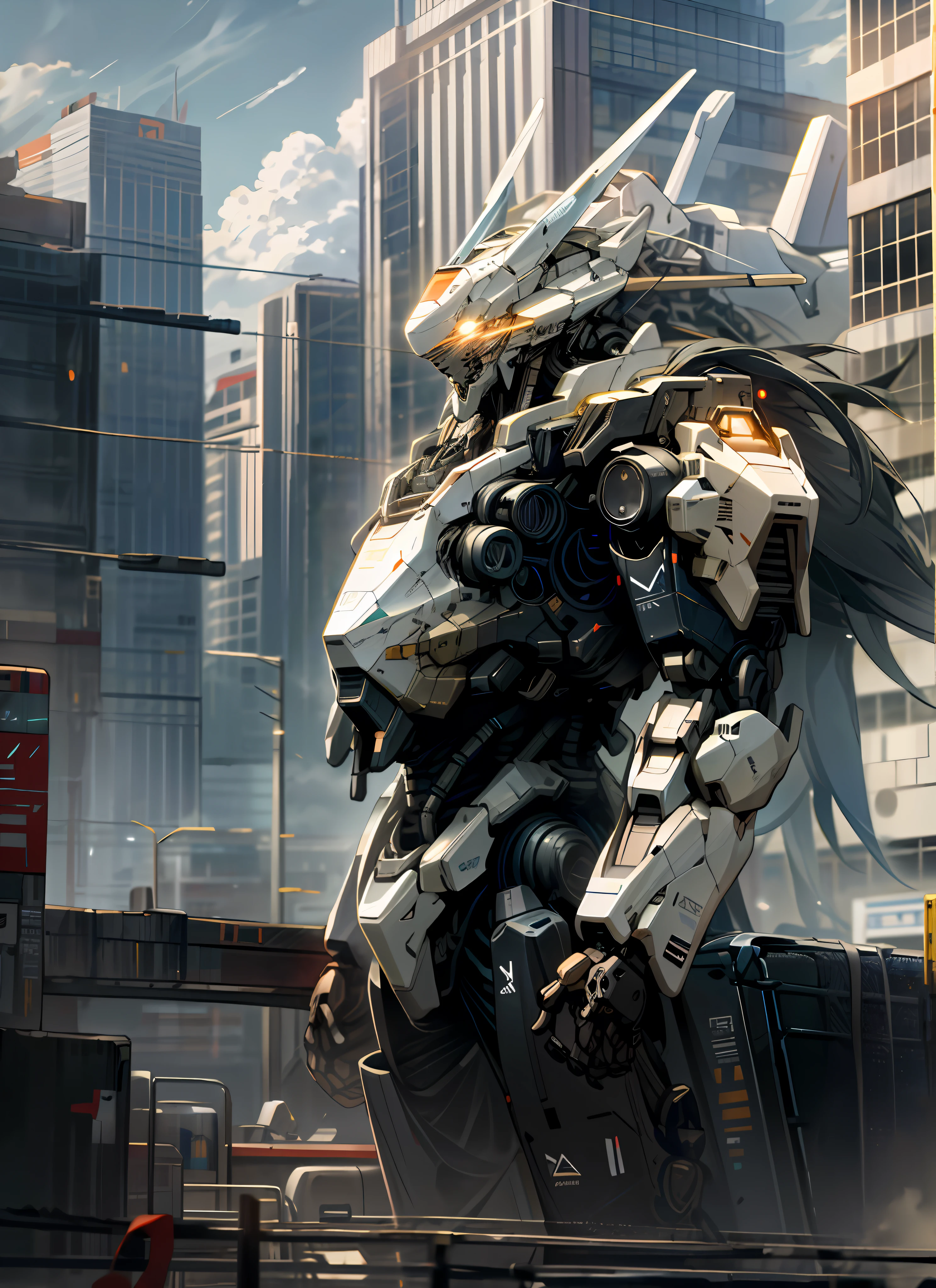 sky, cloud, holding_weapon, no_humans, glowing, colored robot, building, glowing_eyes, mecha, science_fiction, city, realistic, mech