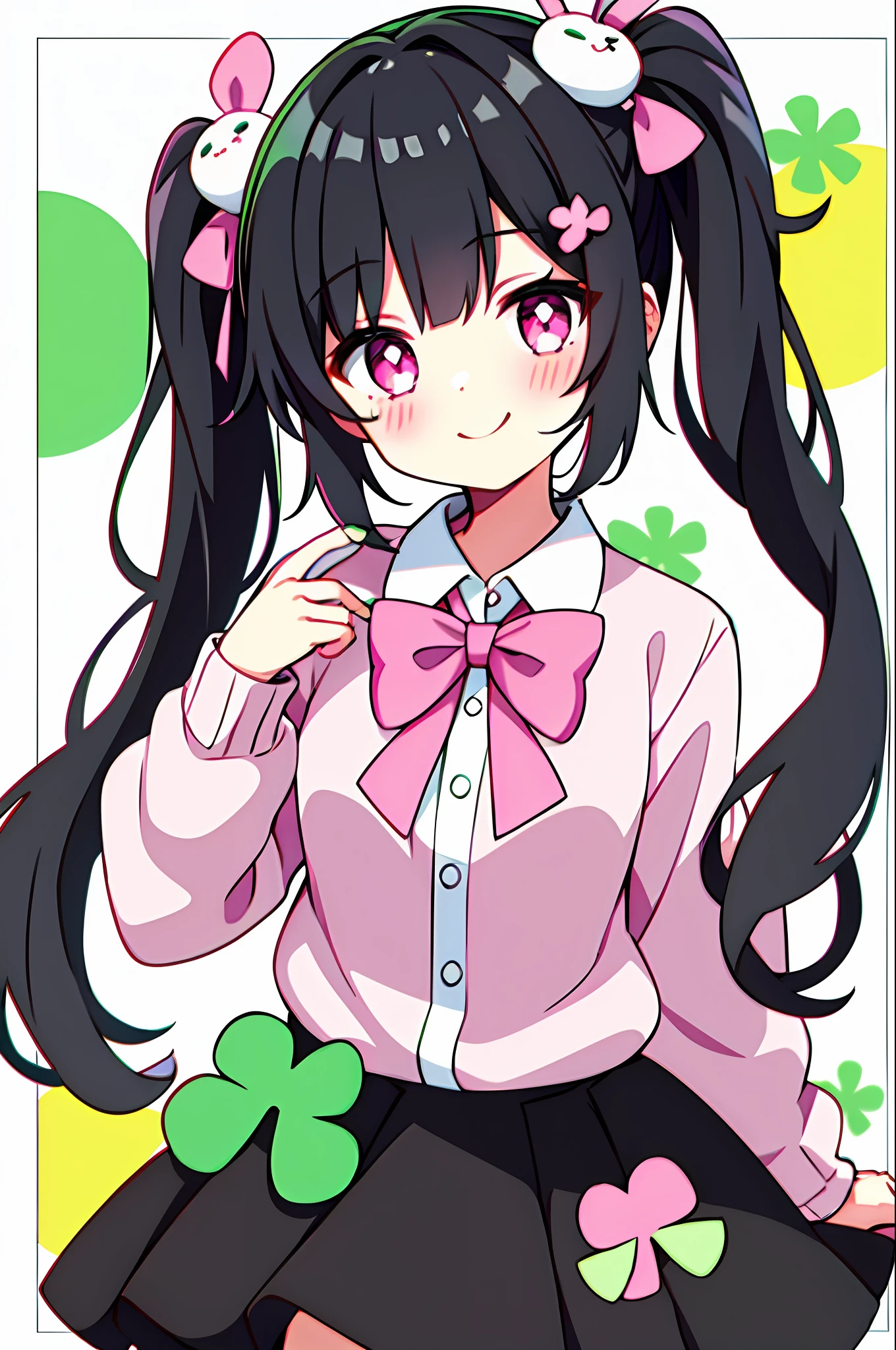 1girl, hair ornament, clover, bow, twintails, smile, stuffed toy, green bow, solo, clover hair ornament, long hair, four-leaf clover, stuffed animal, green nails, black hair, hairclip, shirt, skirt, low twintails, doughnut, bangs, collared shirt, white shirt, stuffed bunny, plaid, long sleeves, food, bowtie, looking at viewer, pink bow, four-leaf clover hair ornament, hair bow, nail polish, sweater, blush, pink eyes