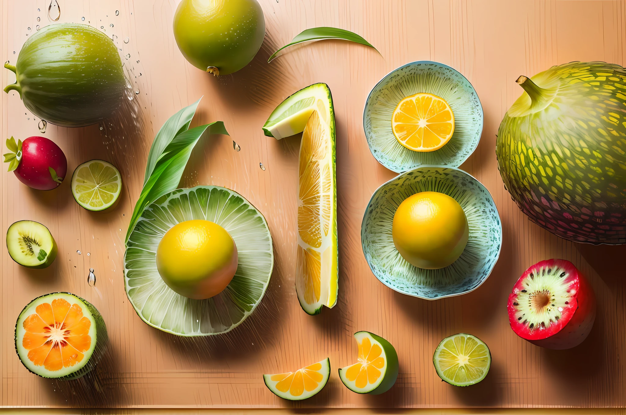 4k, lots of delicious tropical fruits and vegetables, neatly arranged, water drops on the table, lots of details