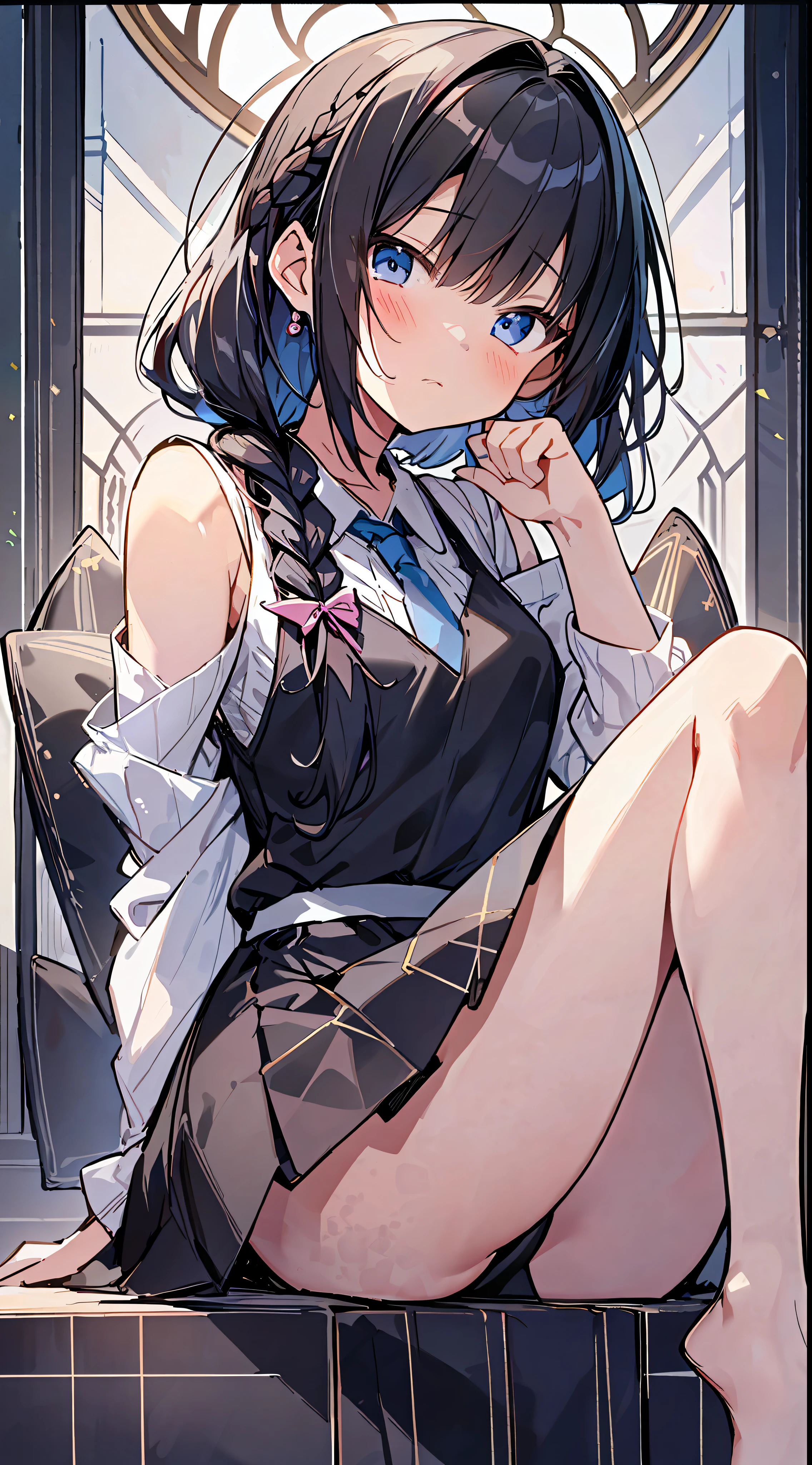Top Quality, Best Masterpiece, Ultra High Resolution, 8K, White Sweater Vest, Anime Style li, Single, Ultra Detailed Line Art, Digital Enhancement, Anime Core, Flowing Fabric, Close Up, ((Hair length to shoulder mouth and short braid)), staring at us from the front, Soft drawing, Beautiful black hair, ((Anime style little giClear eyes, Shy face, Ultra-detailed digital anime art, clear face depictions, ultra-detailed anime character art, ultra-detailed manga style, top quality colors, hand gestures, foot-up angles, indoor
