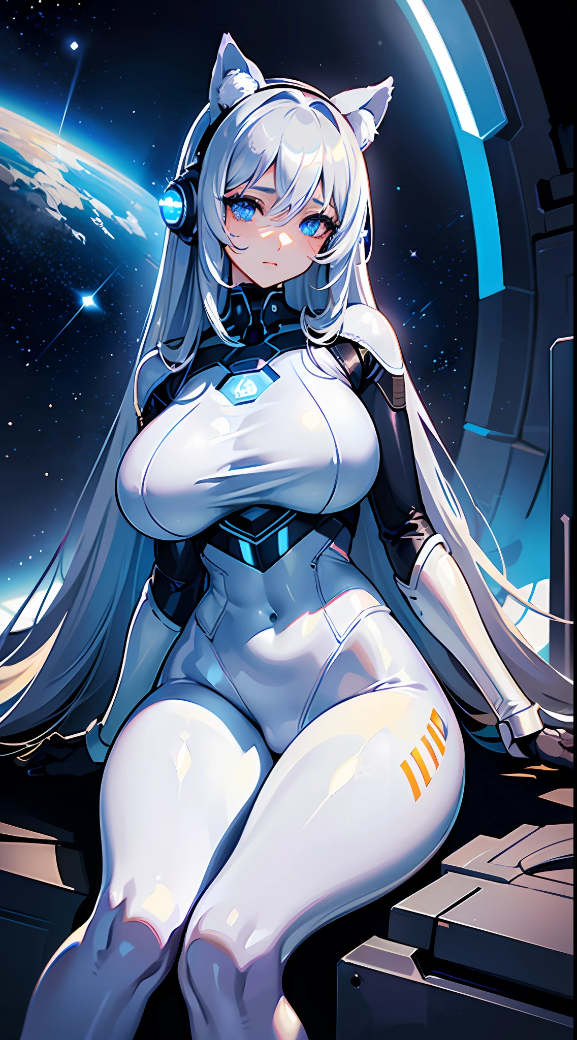 (best quality), best illustration, intricate details, ultra detailed, (2D), hair between eyes, splendid illustration, extremely detailed, 1girl, (bishoujo), ((beautiful detailed face)), (pretty_face+round_face), ((beautiful detailed eyes)), (blue eyes), transparent eyes, ((gigantic breasts)), (bishoujo:1.3), (perfect face), (solo), extremely Detailed CG, (extremely beautiful), dynamic angle, (masterpiece:1.2), (dark eyelashes:1.1), (eyeliner:1.2), (deep blue eyes:1.2), (big eyes:1.2), (bright skin), (ultra-detailed), illustation, very long bangs, sweaty, messy hair, 1girl, (starry space background), (spacecraft, (futuristic white bodysuit with blue leds), sitting, science fiction, long hair, silver hair, deep blue eyes, cameltoe, erect, headset, huge breasts, sexy beautiful young woman, robotic cat ears, thick thighs, very tight clothes, narrow waist)