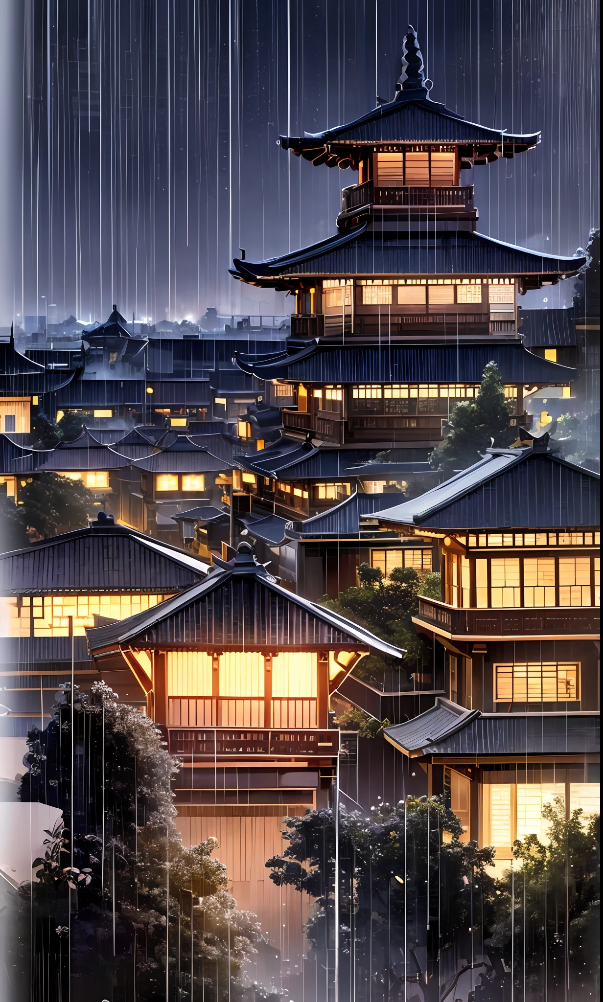 arafed view of a village with a lot of lights on the buildings, dreamy Indonesian town, Indonesian village, amazing wallpaper, Indonesian town, Indonesian village, hyper realistic photo of a town, old asian village, Indonesian city, by Raymond Han, rainy evening, cyberpunk Indonesian ancient castle, beautifully lit buildings, at evening during rain, Cyberpunk Neon Light, beautiful and aesthetic, photography, cinematic, 8k, high detailed ((Heavy rain))) --auto --s2