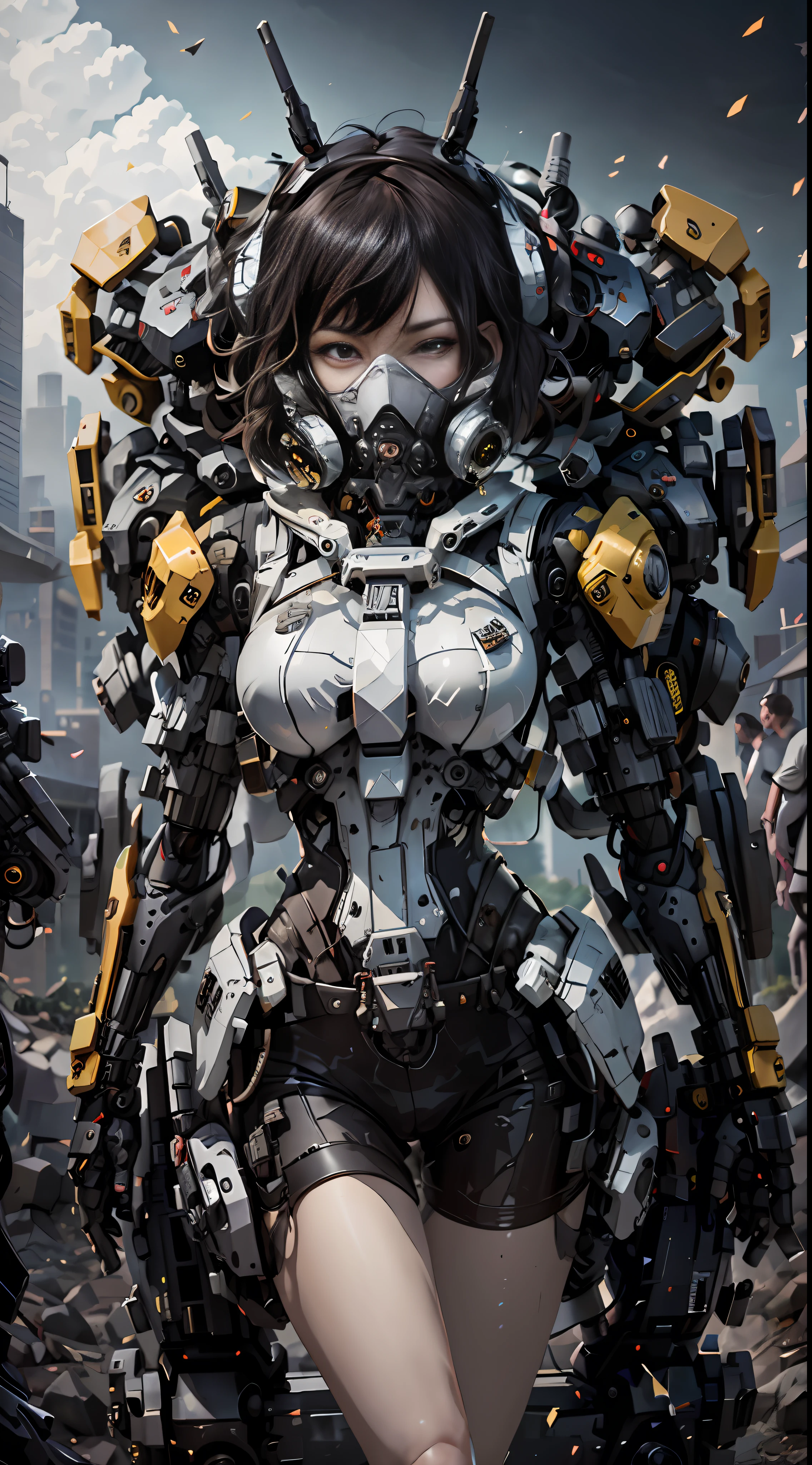 This is a CG Unity 8k wallpaper with ultra-detailed, high-resolution and top quality in cyberpunk style, dominated by black and red. In the picture, a beautiful girl with white messy short hair, a delicate face, wearing a steam mecha mask, standing on the ruins, behind her is a huge robot, and the action of a woman holding a heavy sniper rifle in her hand,