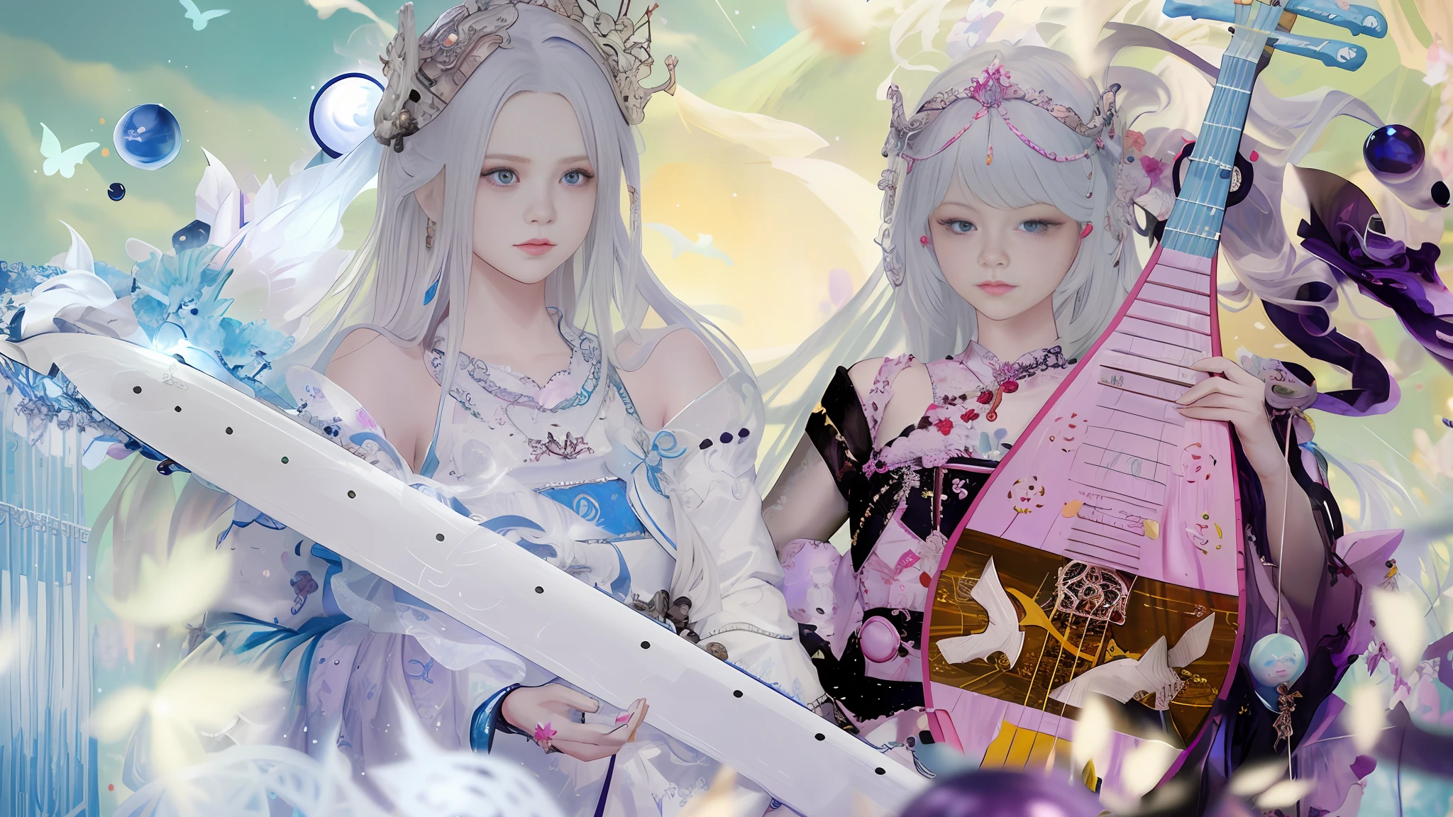 There are two dolls armed with a guitar and a guzheng, a picture inspired by Wang Duo, trending on cg society, (fantasy violin), world of lute, ethereal fantasy, queen and ruler of the universe, xianxia fantasy, guweiz masterpiece, guweiz, fantasy violin, wlop and sakimichan, Two ancient girls, rococo, motion blur, speed lines, vignetting, motion blur, UHD, retina, high details, best quality, 4K, best quality, highres, high details, high quality, 4K