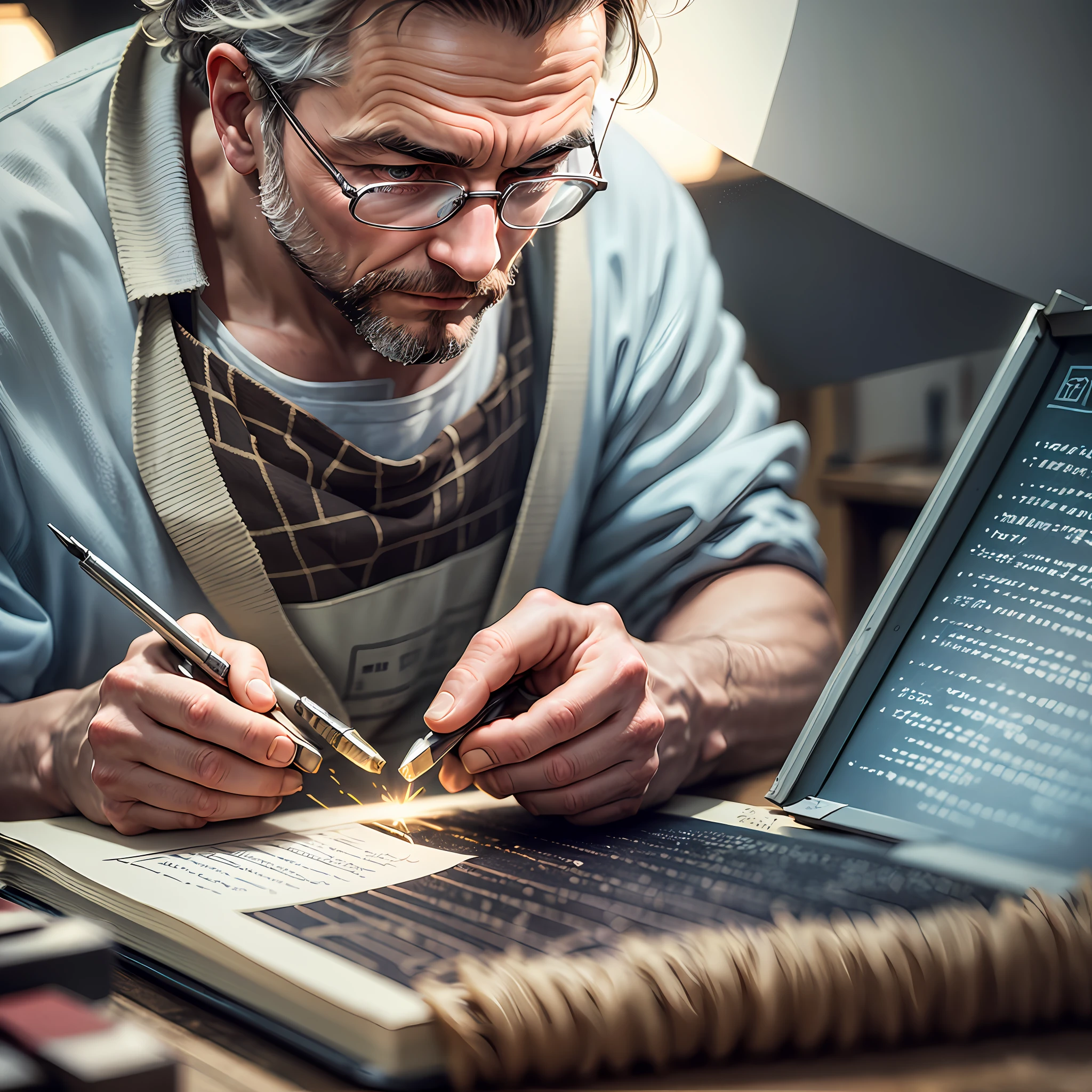 In the workshop illuminated by a soft white light, a skilled and determined man focuses on repairing a notebook with the skills of a true craftsman. His eyes are fixed on the bright screen, reflecting the intensity of his work. --auto --s2