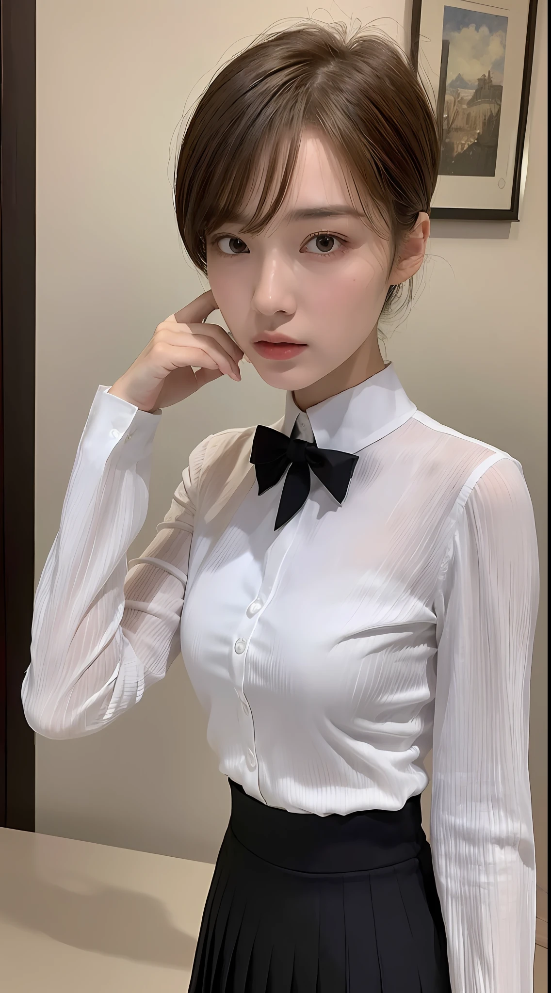 ((top quality, 8k, masterpiece: 1.3)), 1 girl, beautiful woman with slender abs: 1.3, (highlight haircut, chest A cup: 1.2), white see-through: 1.1, ultra detailed face, detailed eyes, double eyelids, uniform, black pleated skirt, full body,