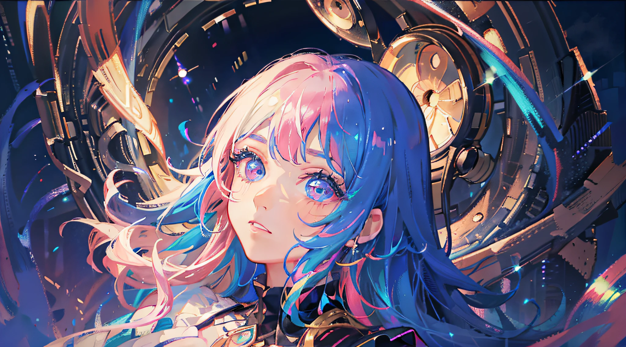 masterpiece, best quality, masterpiece, godlike quality, godlike art, highly detailed face, full body, highly realistic, cute, young girl, big eyes, long eyelashes, multicolored hair, multicolored eyes, shiny skin, full lips, big lips, shiny skin, blushing, magnificent view, in space, starry background, stars, shining light, multicolored light, maid costume