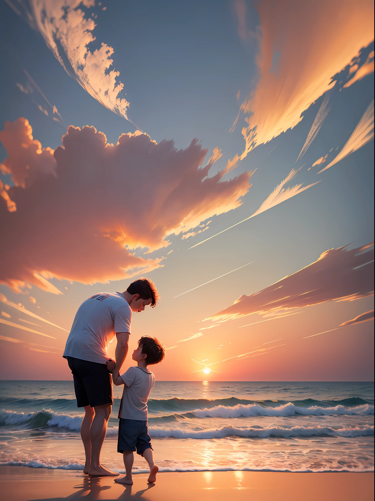 Masterpiece, 8k, details, sunset seaside, father carrying son, masterpiece --auto --s2