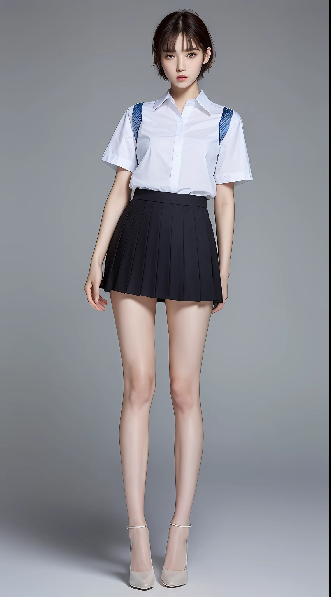 ((Top Quality, 8k, Masterpiece: 1.3)), 1 girl, Beauty with slender abs: 1.3, (Medium Short Hair, Big: 1.2), White Shirt See-through: 1.1, Ultra Detailed Face, Detailed Eyes, Double Eyelids, Uniform, Black Pleated Skirt, Full Body