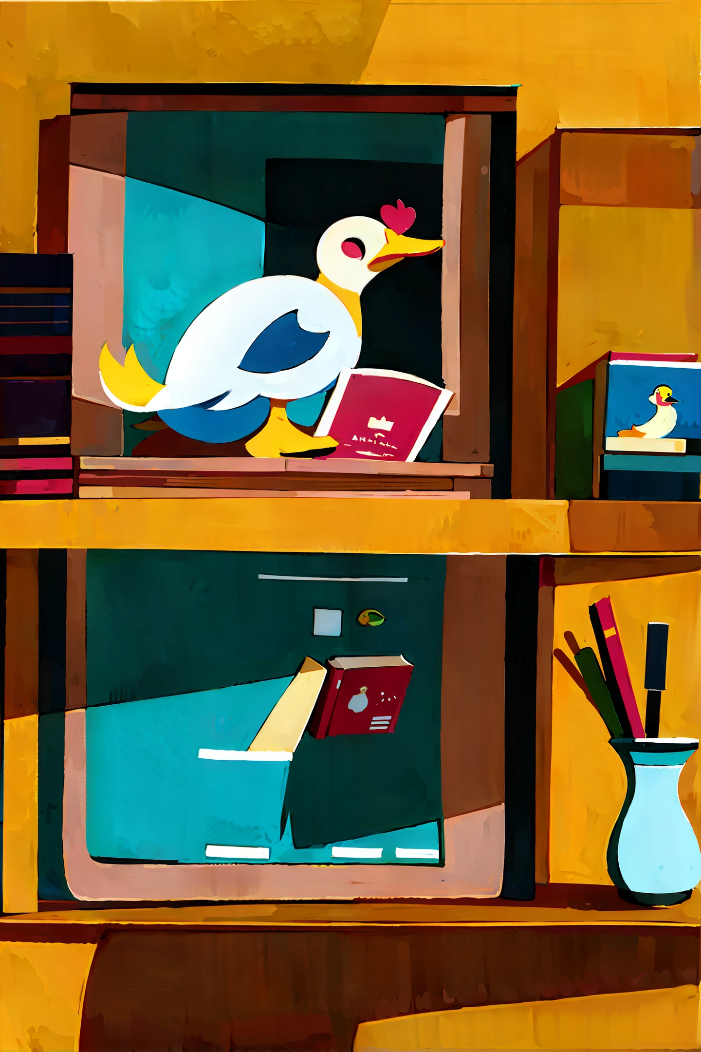 Draw a duck that loves to read