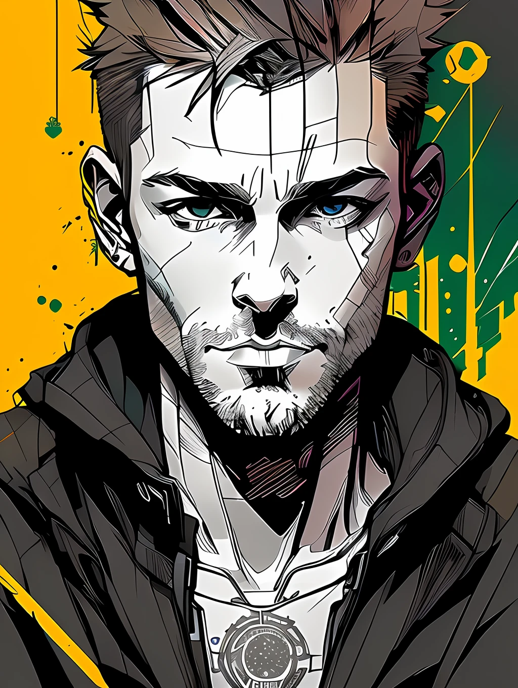 nvinkpunk, (((Brazilian middle-aged man))), handsome man, masterpiece, best quality, ((detailed face)), short messy hair, tanned, bright eyes, ((award winning)), (High Detail), Sharp, 8k, trending on artstation, intricate